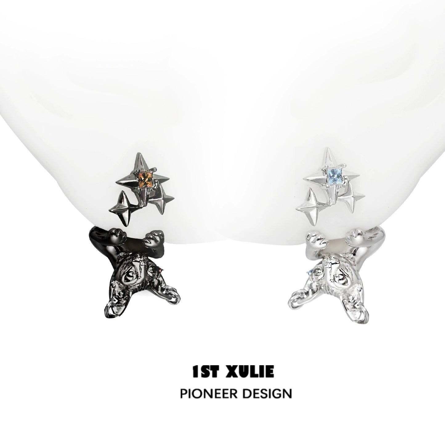 1ST XULIE Cat Star Stud Earrings in Silver and Black with Shiny Gem Details