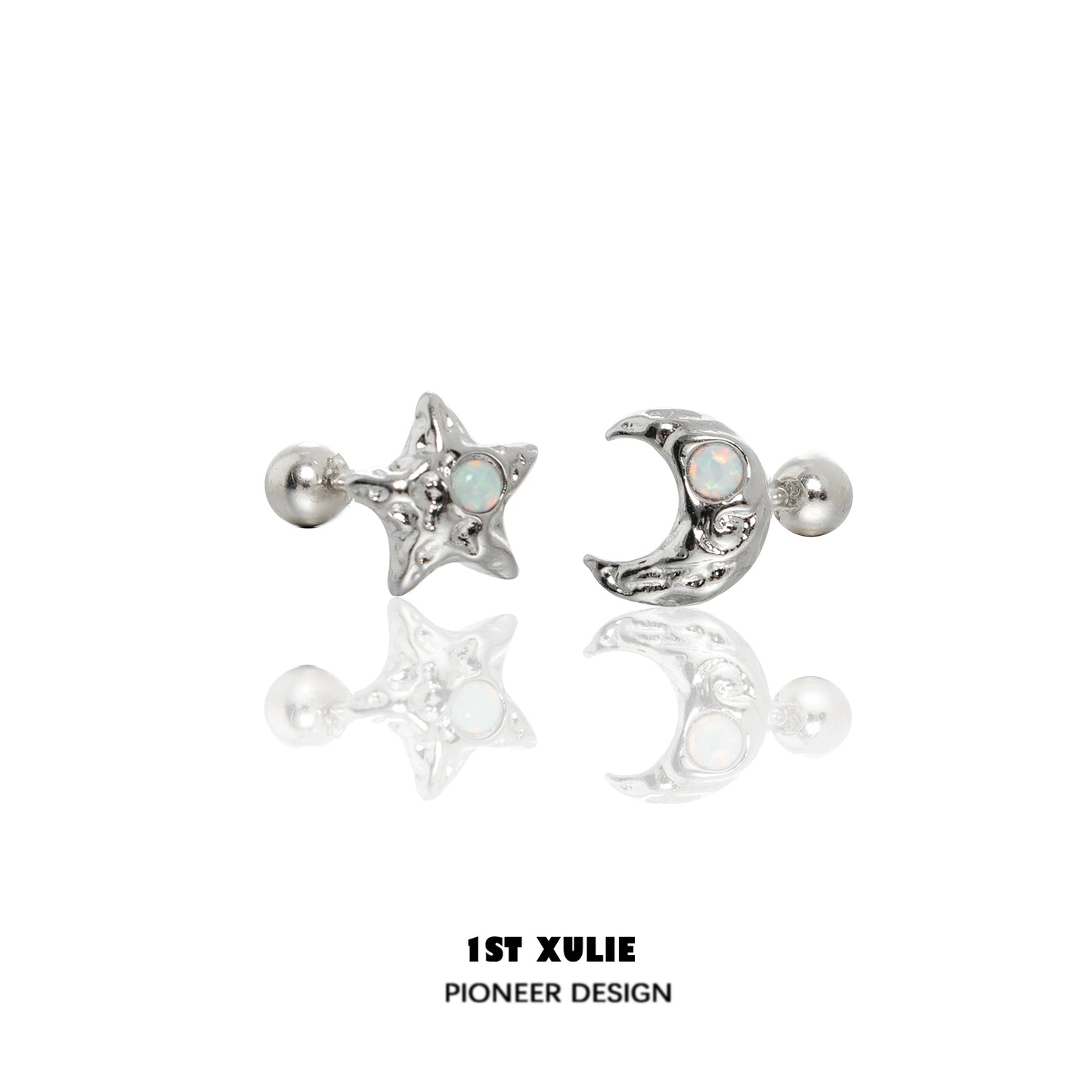 Silver cosmic moon and star earrings with opal accents for a shimmering celestial look
