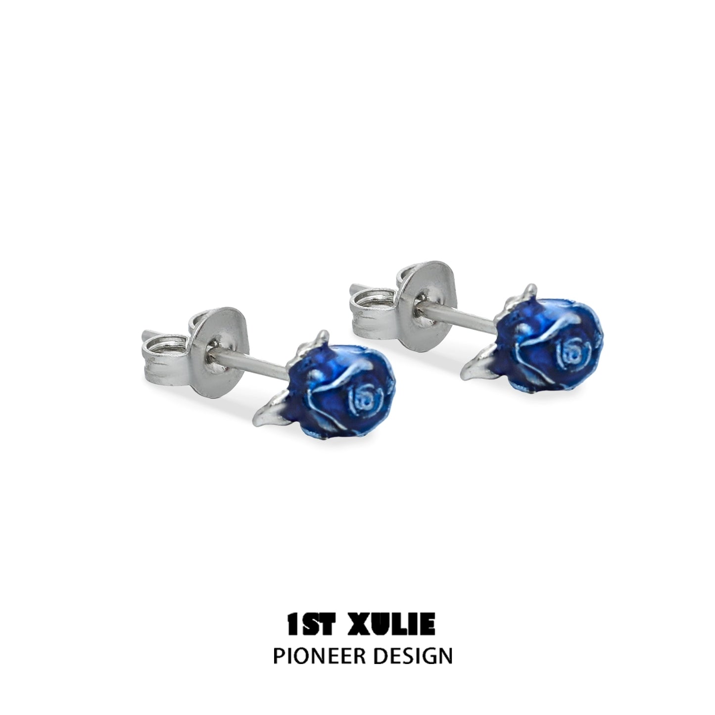 Crimson and azure rose stud earrings with metal posts for elegant everyday wear