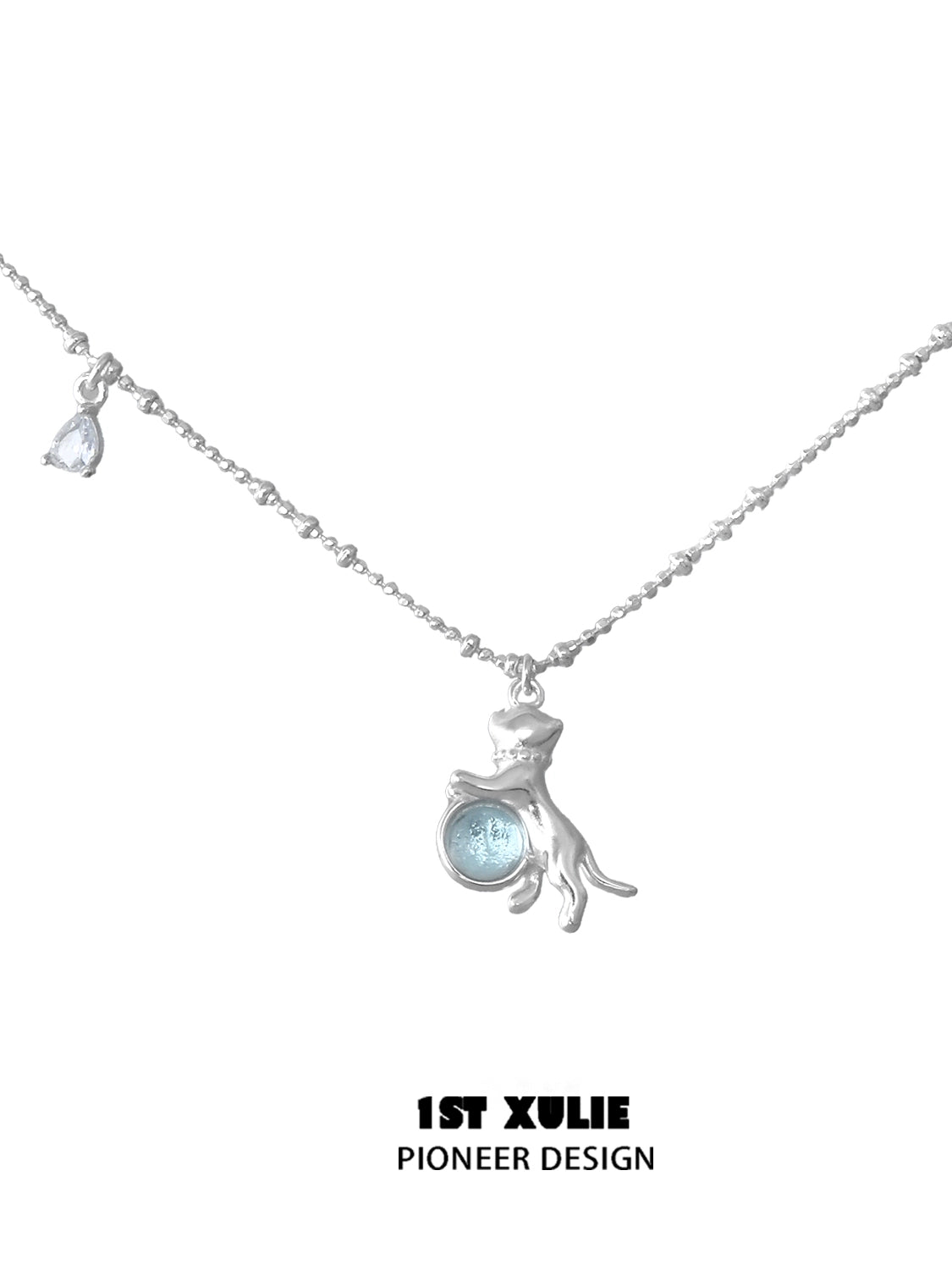 1STXULIE kitten silver necklace with a playful kitten charm and blue gemstone accent