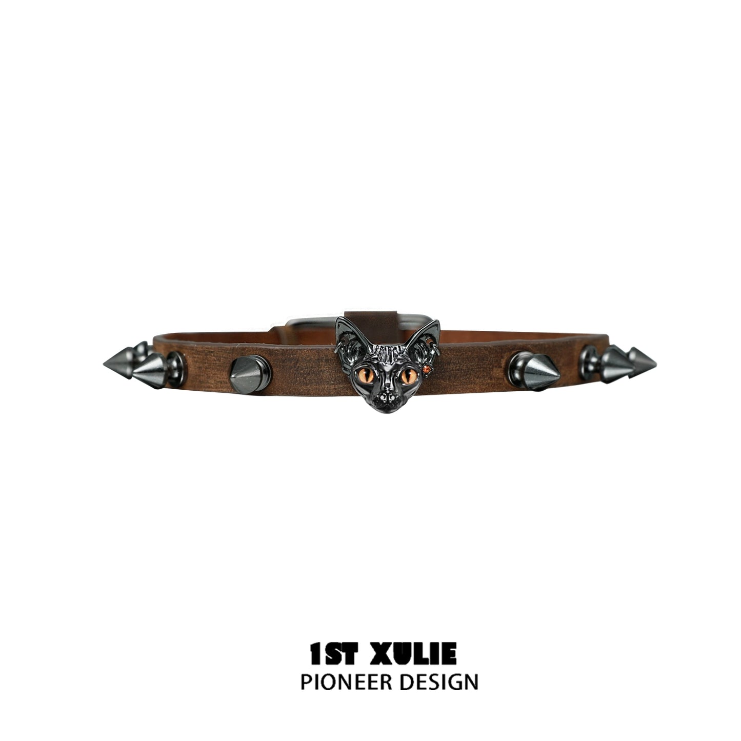 Punk cat studded choker with spikes and a cat head design, perfect for a bold fashion statement