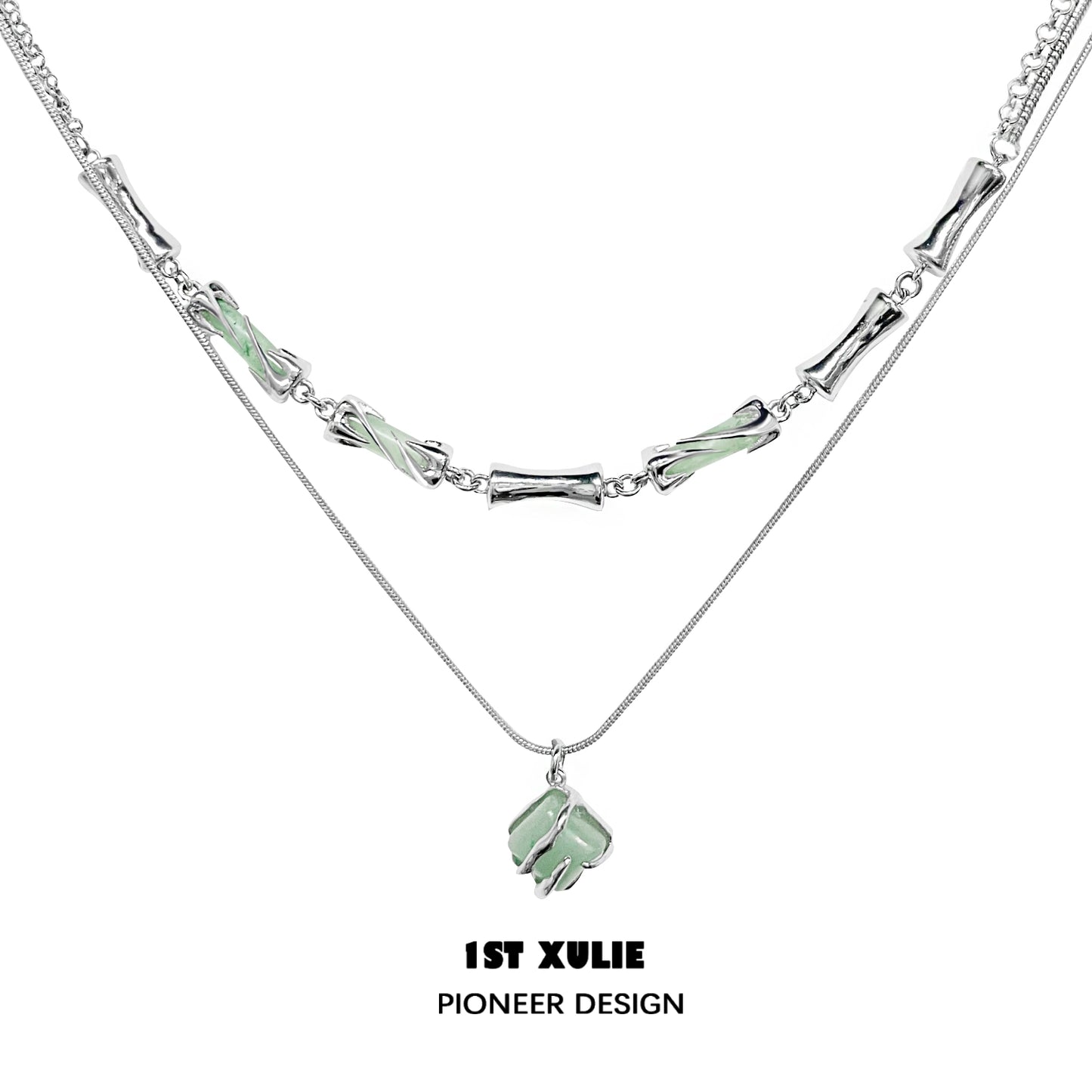 Y2K bamboo necklace with silver chain and green accents, perfect for trendy fashion enthusiasts