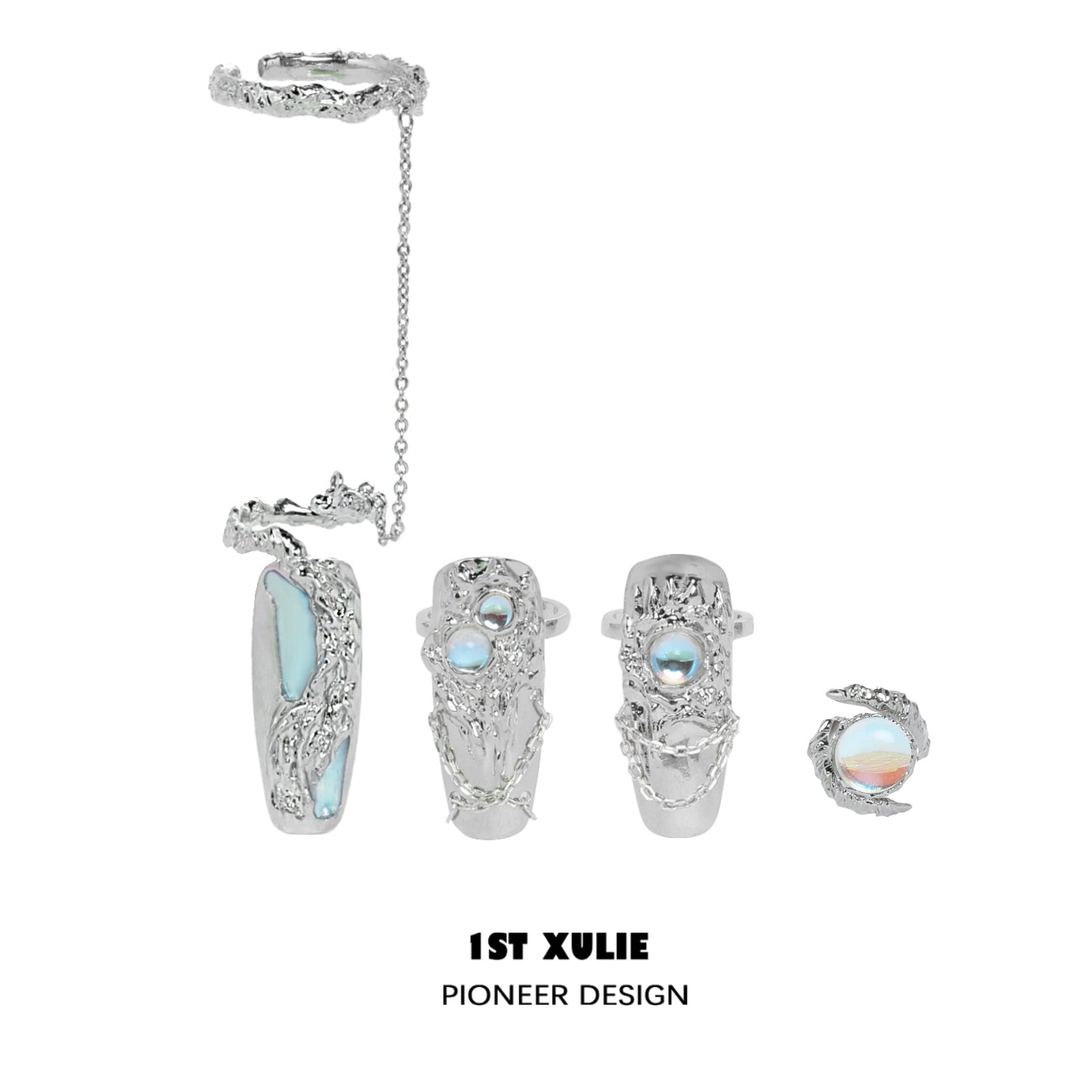 Y2K fairy nail chain ring set by 1STXULIE featuring unique silver designs with iridescent details