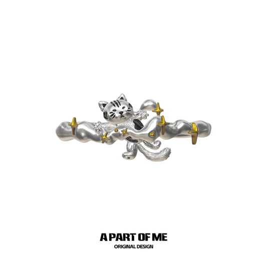 A PART OF ME Sleepy Cat Dog Ring featuring silver and gold accents with whimsical design
