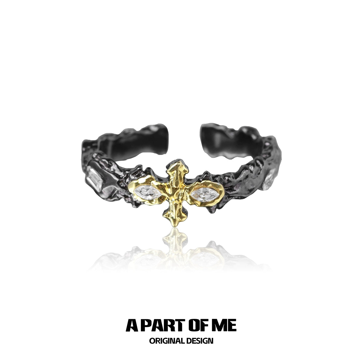 Stylish cross couple rings in black and gold design featuring unique textures and sparkling details