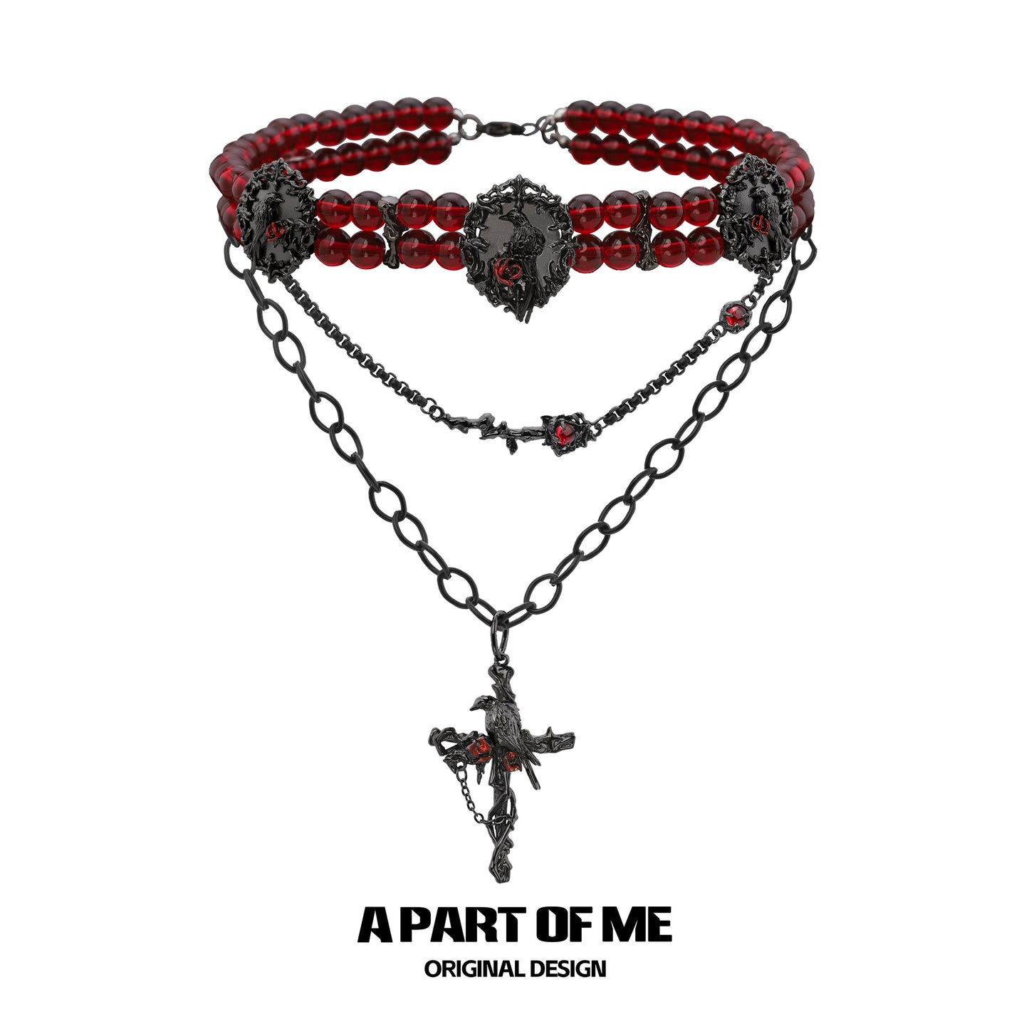 Gothic raven necklace by A PART OF ME with red beads and intricate black detailing