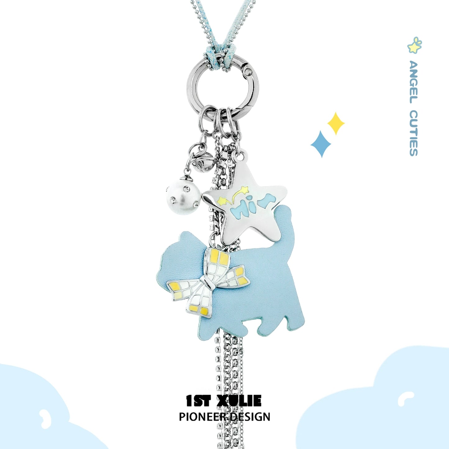 Cute blue cat keychain necklace with playful charms and a bell for animal lovers