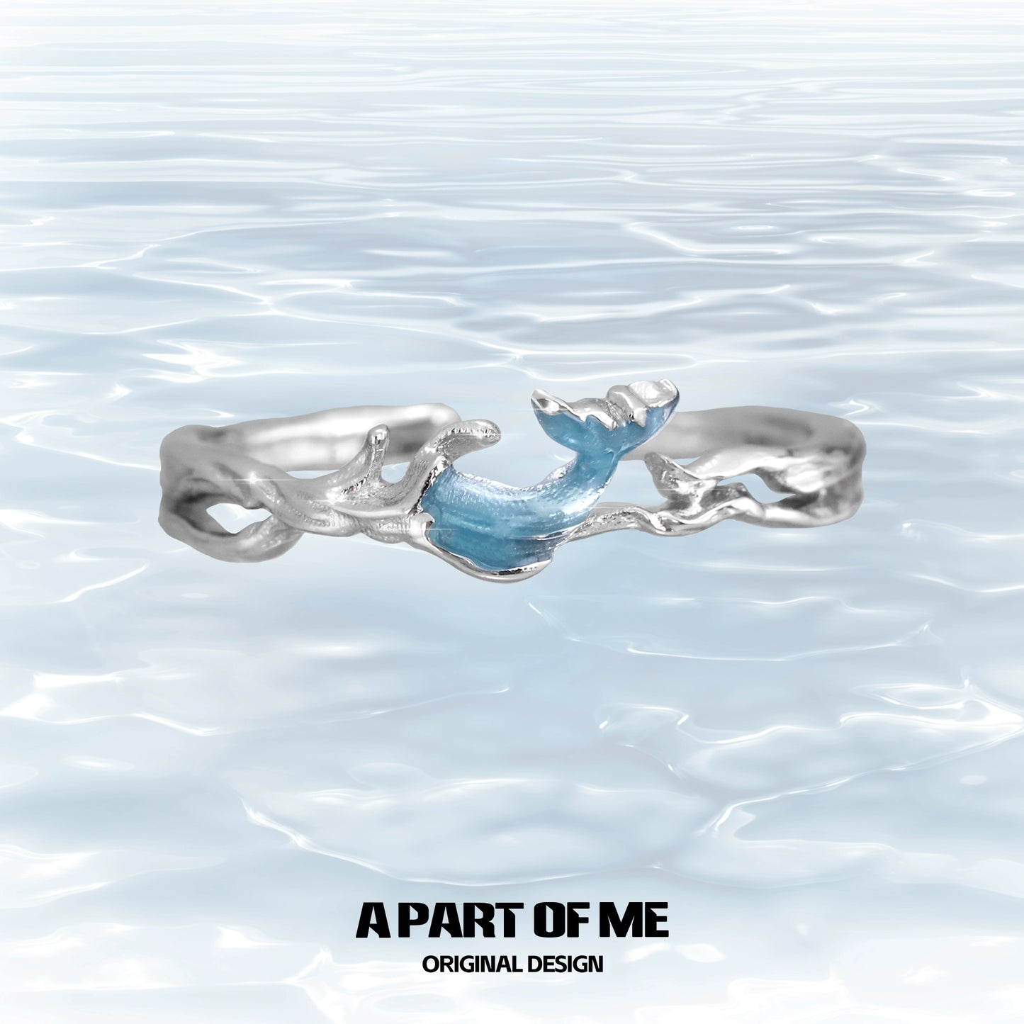 A PART OF ME blue fishtail couple rings crafted in silver with a blue accent for meaningful connections