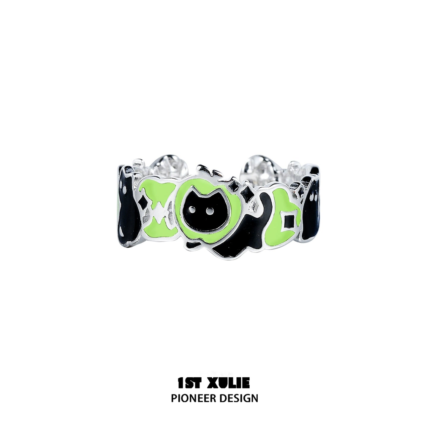 Unique cat and dog silver ring featuring playful designs in green and black for pet lovers