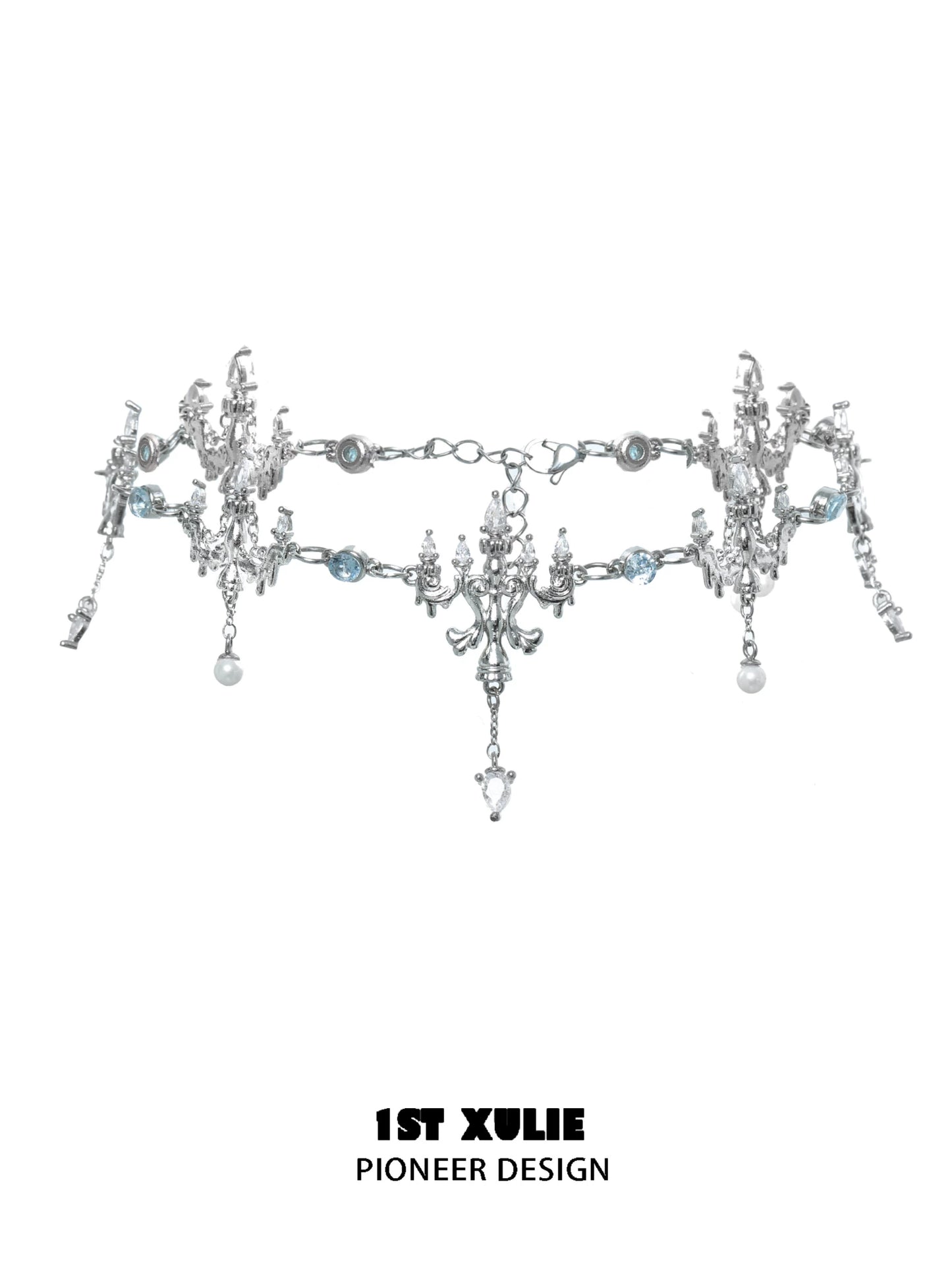 Elegant crystal fringe necklace adorned with silver accents and sparkling blue details