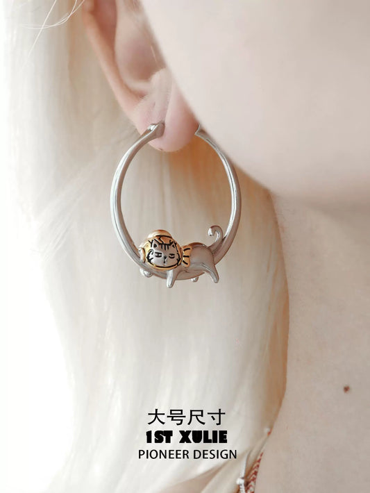 Cute cat hoop earrings in silver with adorable cat design for animal lovers
