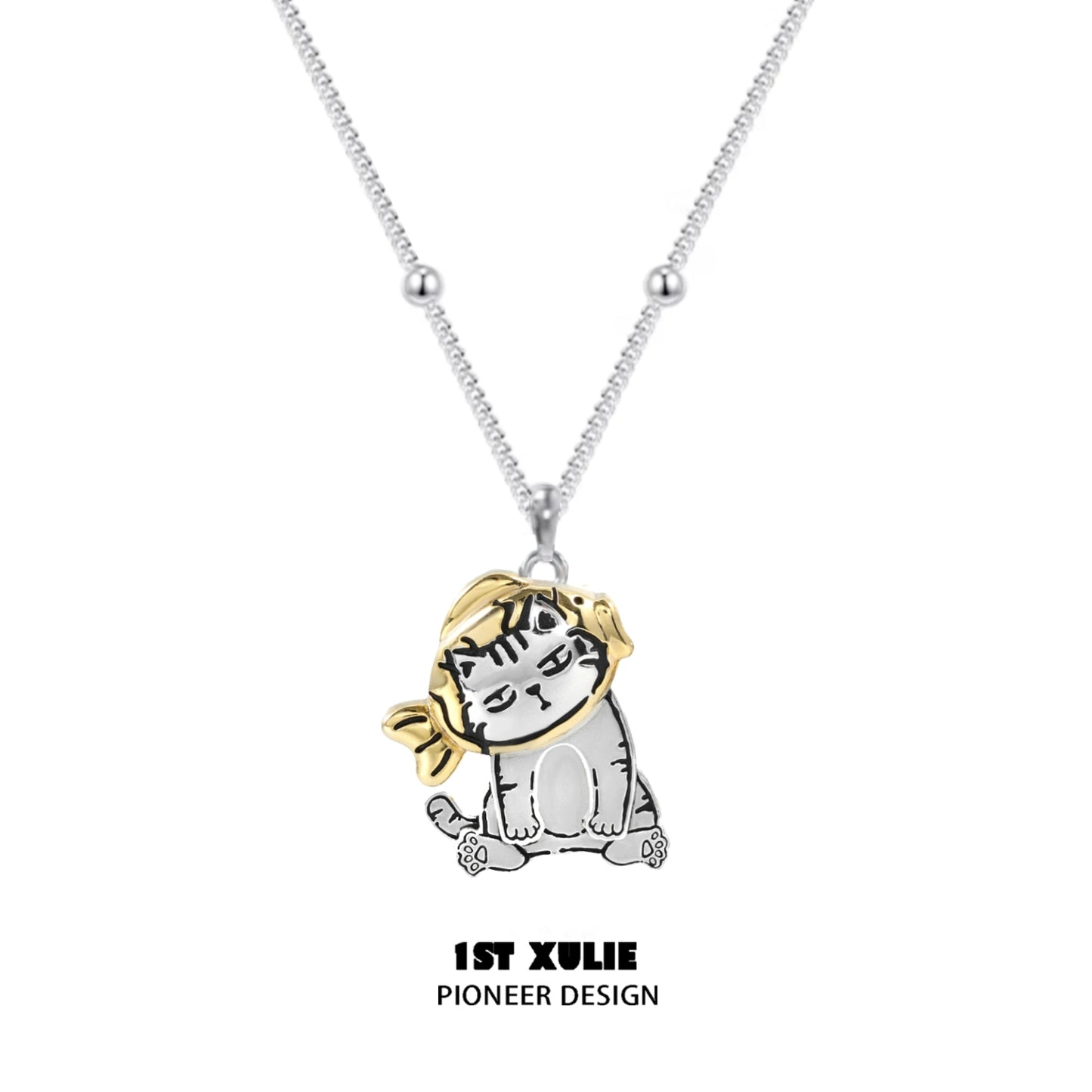 Cute cat necklace by 1STXULIE featuring a playful cat design with a stylish golden scarf