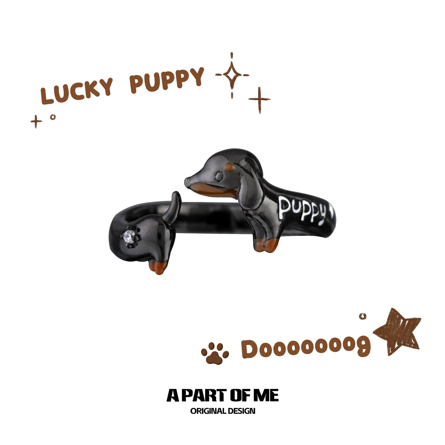 Dachshund silver ring from A PART OF ME featuring a playful puppy design with detailed embellishments