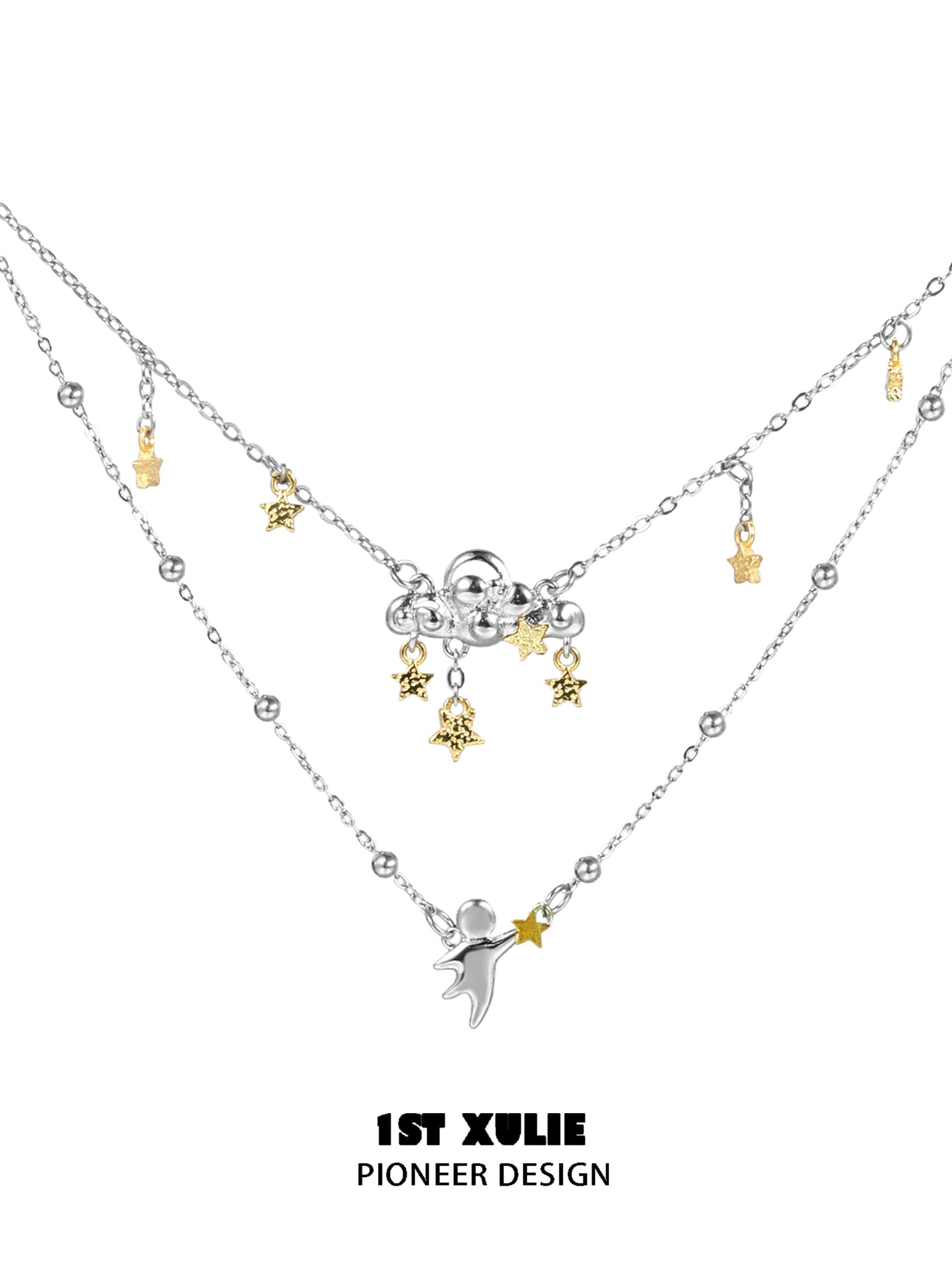 1ST XULIE double layered star necklace featuring gold and silver star charms for a stylish look