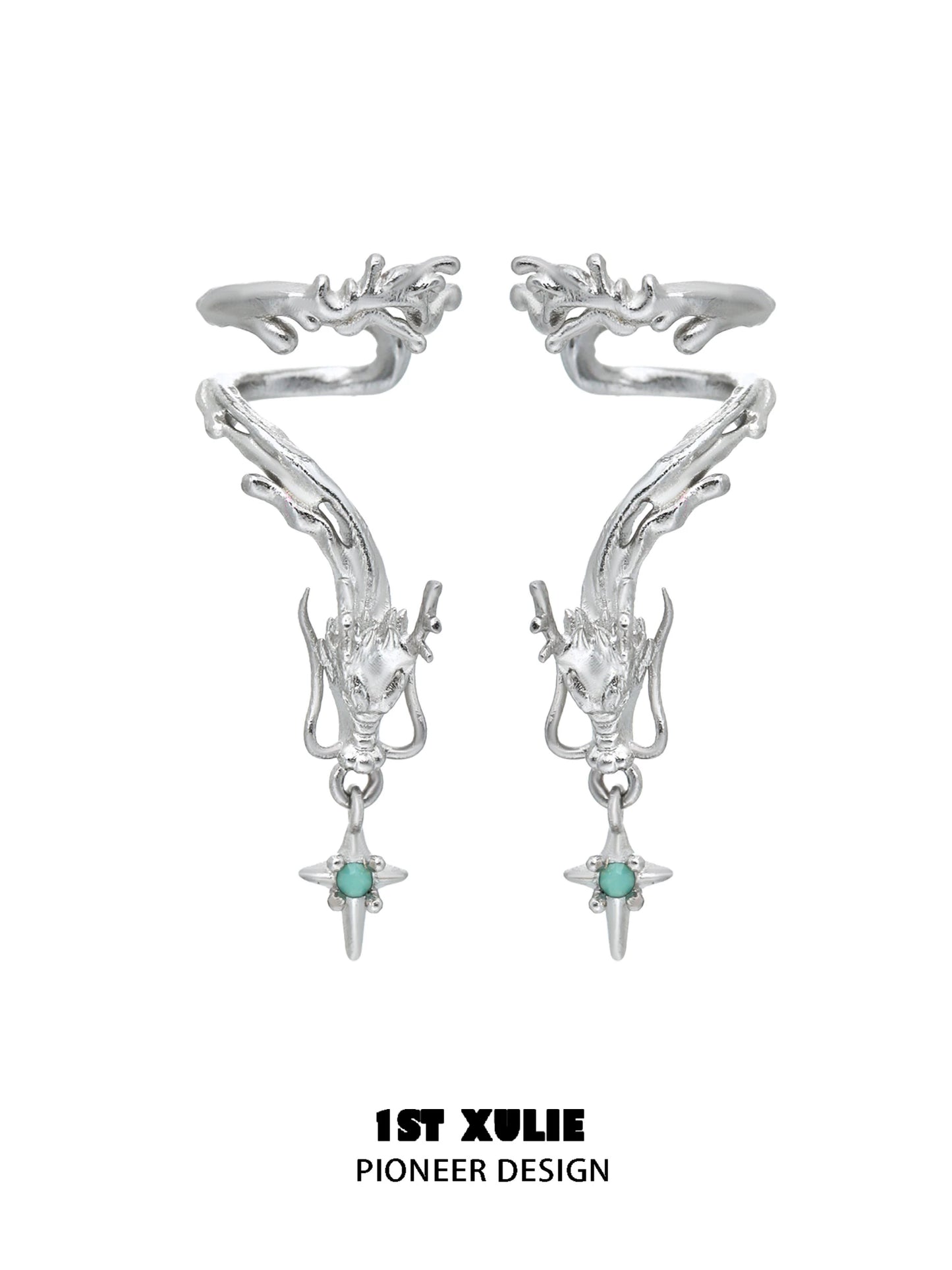 Silver dragon ear cuff jewelry featuring intricate design and turquoise accents for a unique look