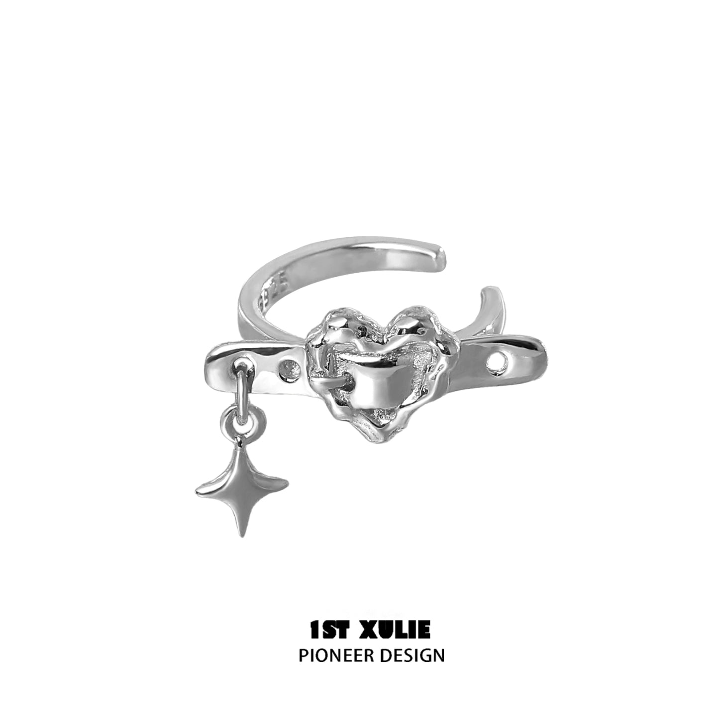 Silver edgy heart ear cuff with a star charm, perfect for adding a unique touch to your style