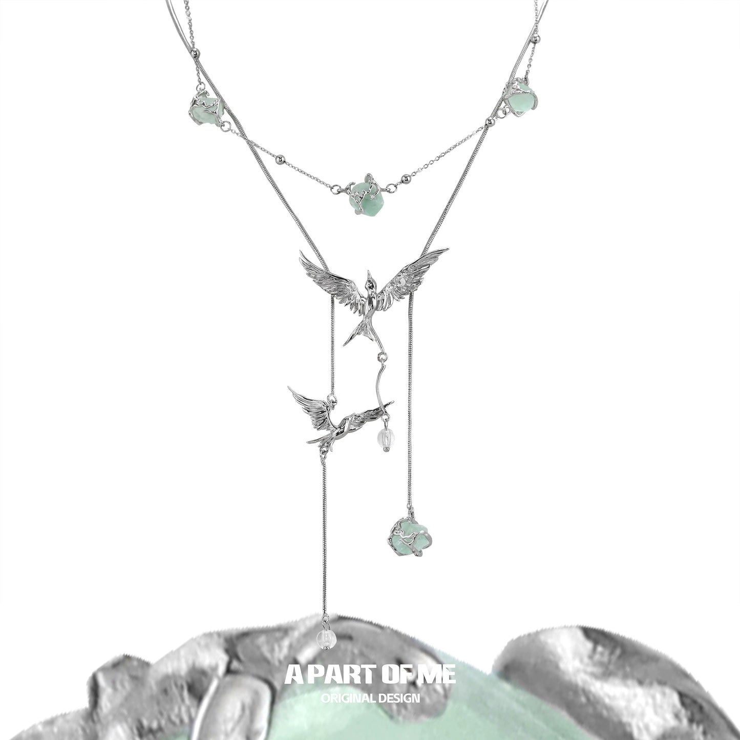 A PART OF ME flying bird fluorite necklace with delicate bird and flower designs
