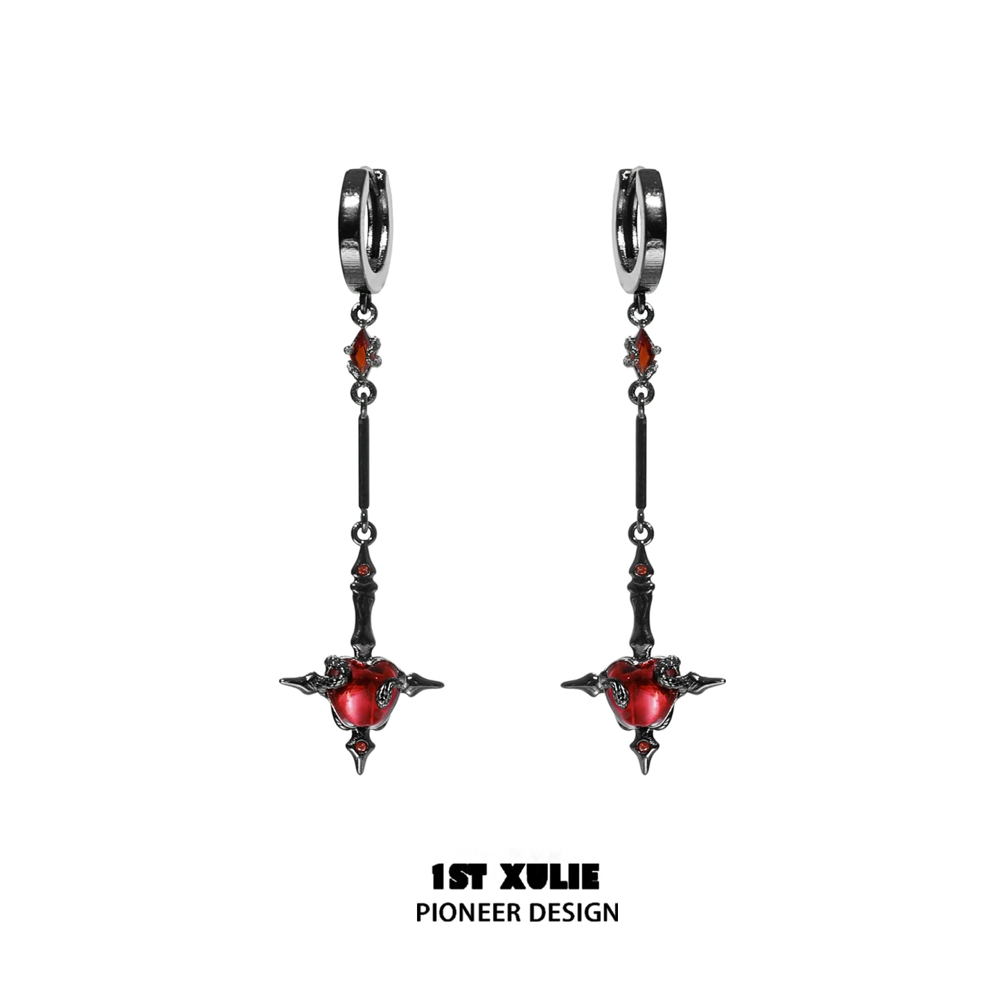 1ST XULIE forbidden apple serpent earrings with intricate design featuring red apple and snake details