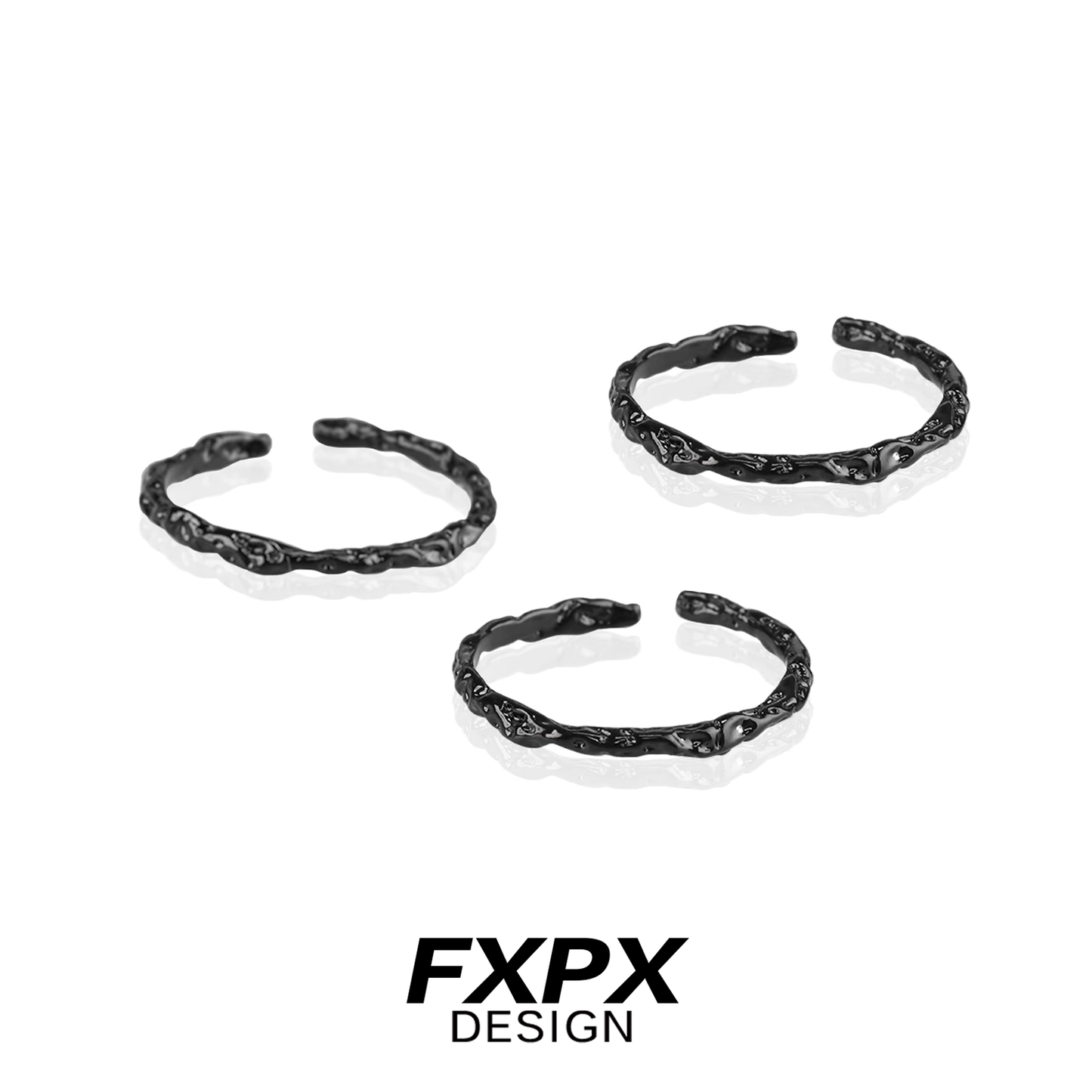 Set of three FXPX black tinfoil texture rings with a unique twisted design