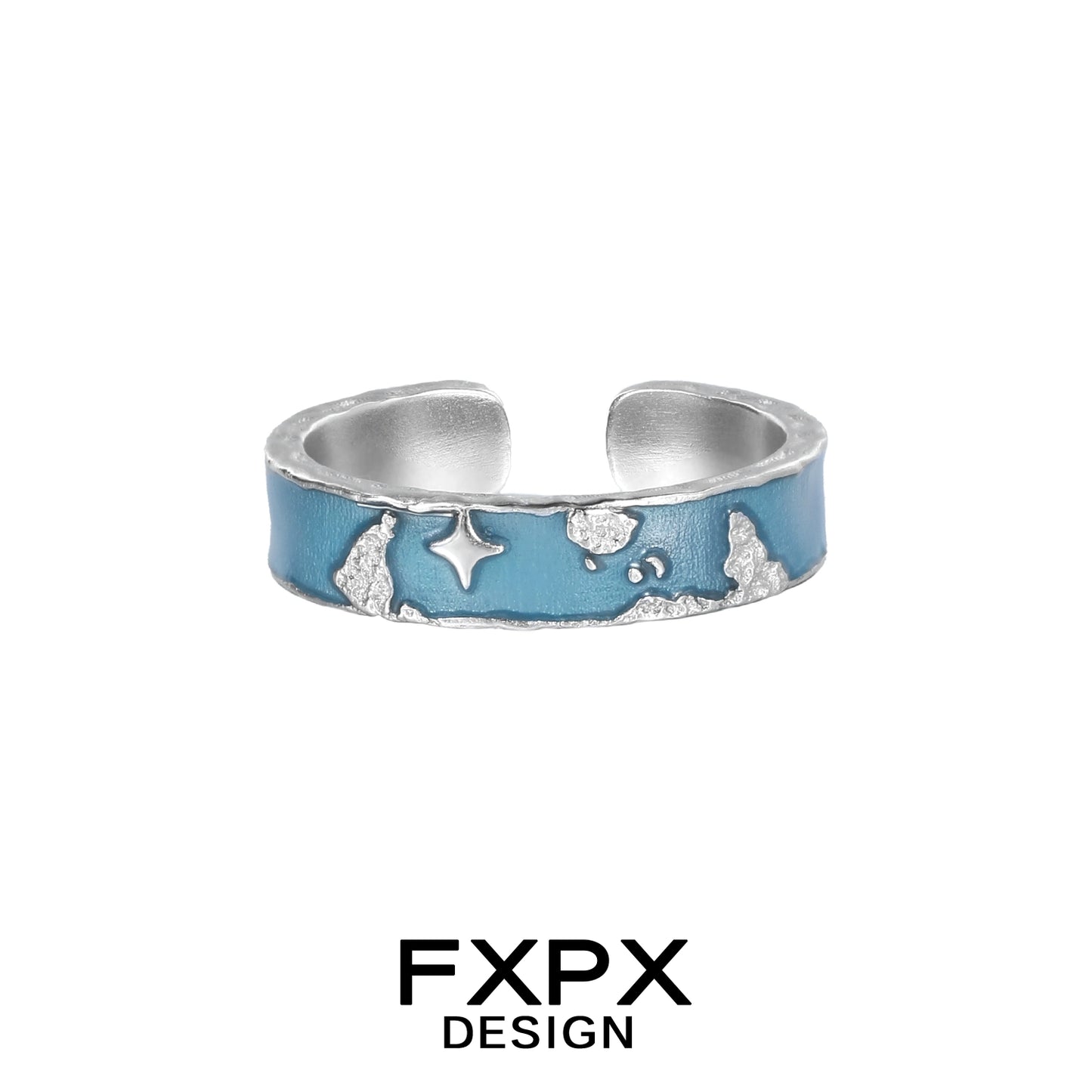 FXPX blue planet puzzle ring featuring a unique textured design and vibrant blue finish