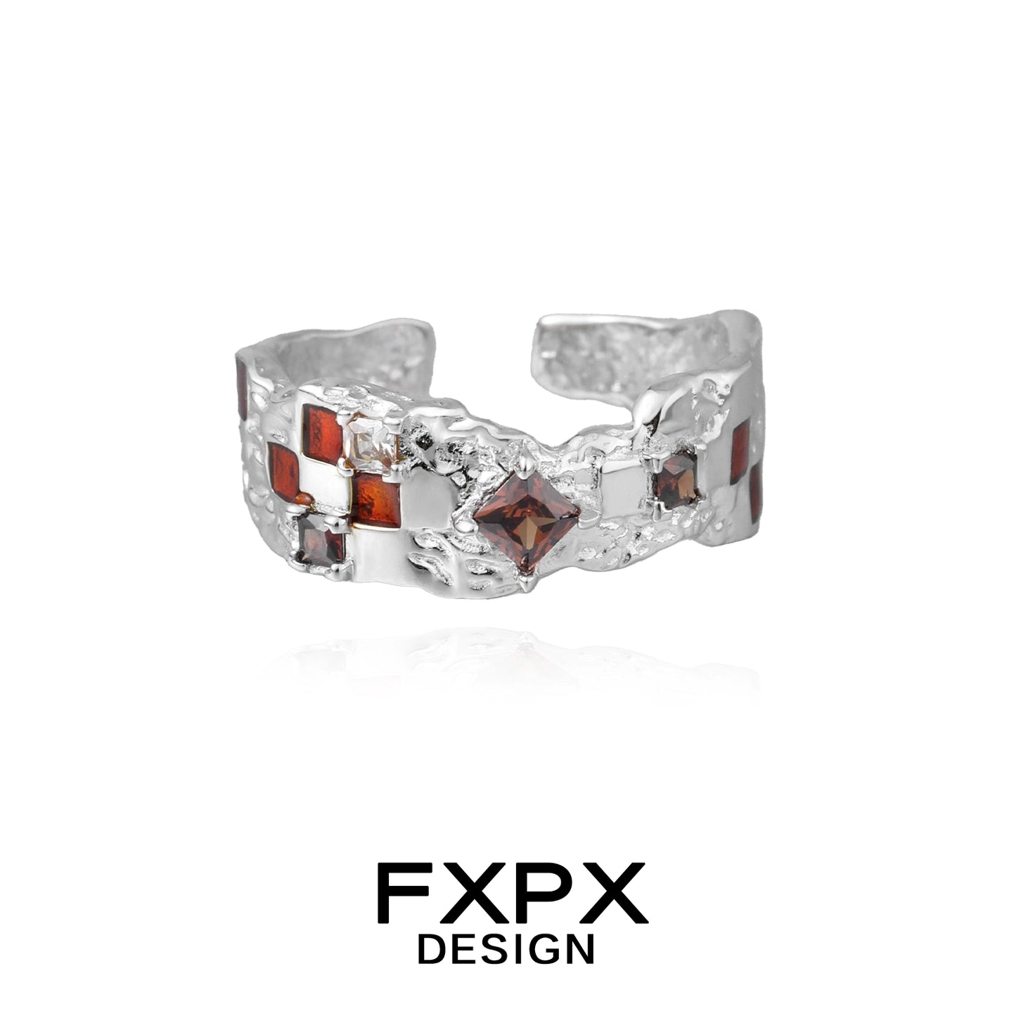 FXPX brown checkerboard silver ring featuring unique design and sparkling stones for a stylish look