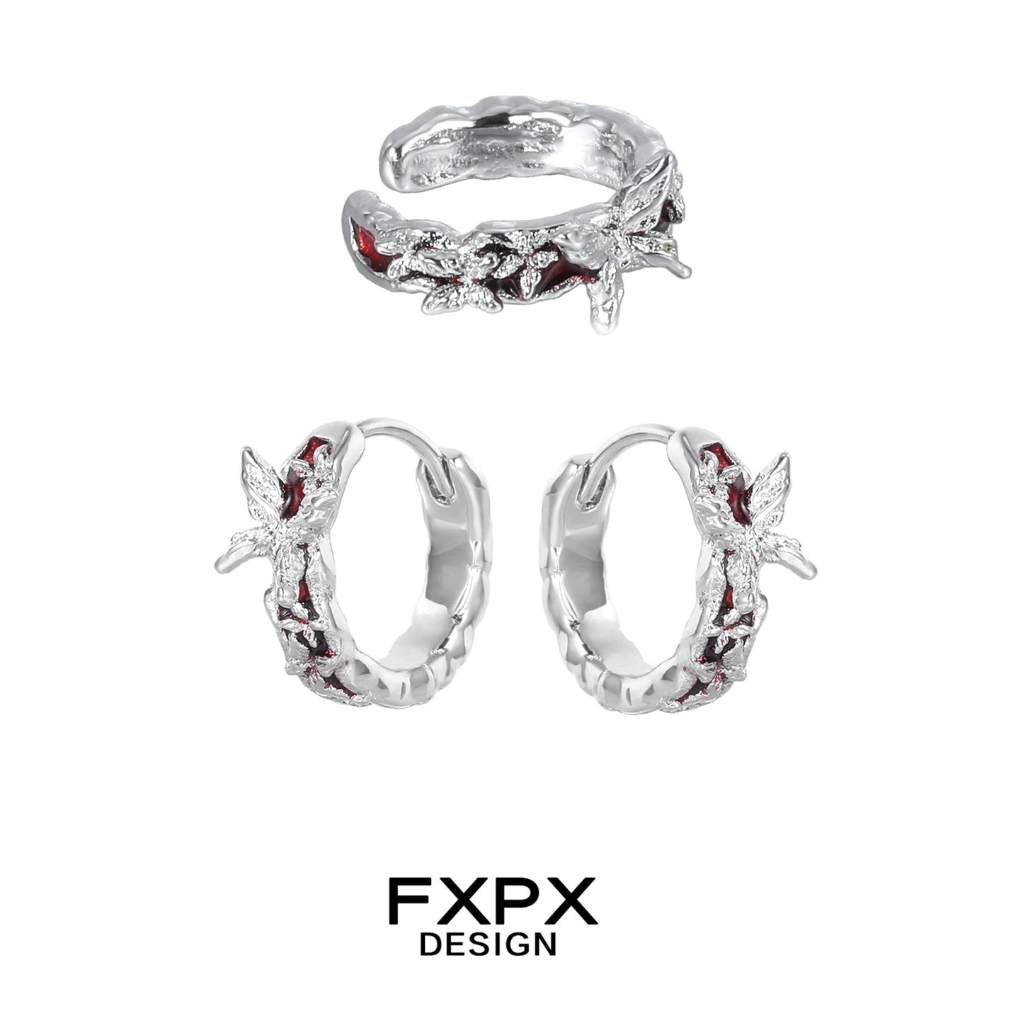 FXPX silver butterfly ear cuffs with intricate design featuring red accents for a stylish look