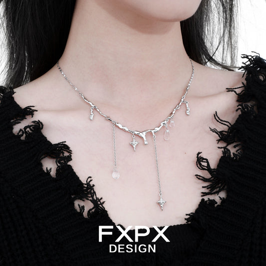 FXPX Galactic Meteor Tassel Necklace in Silver with Unique Design and Dangle Accents