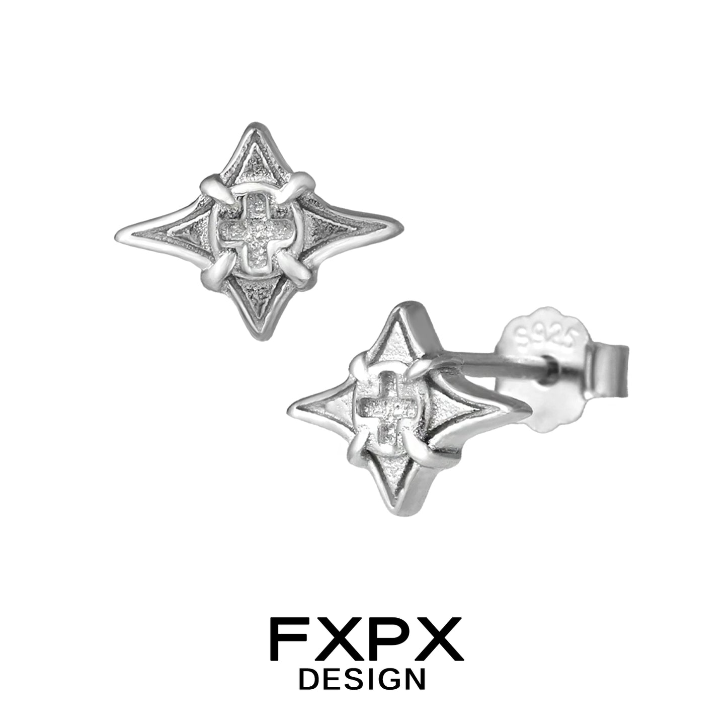 Sterling silver geometric star cross stud earrings from FXPX with intricate design and polished finish
