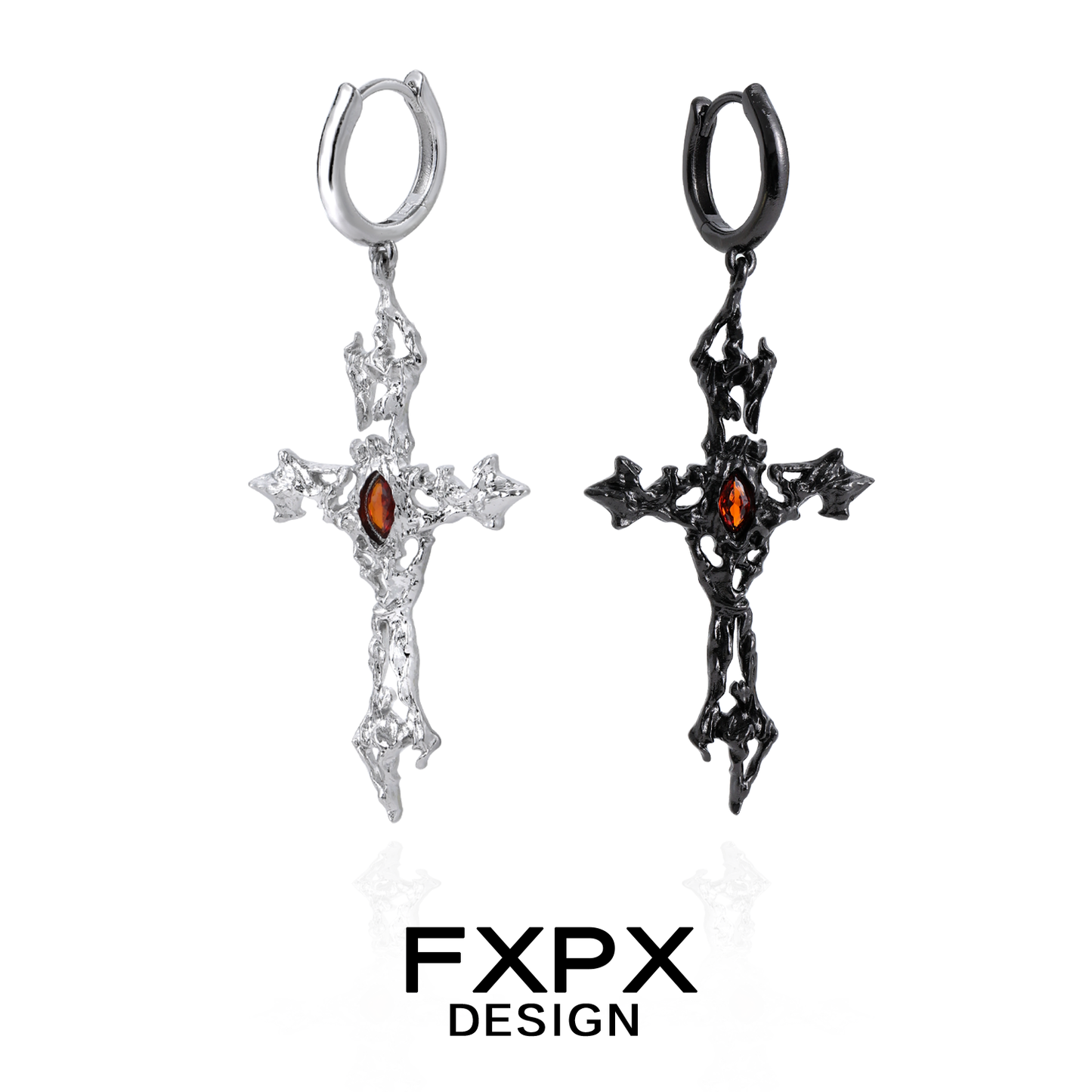 FXPX gothic cross earrings in silver and black with intricate designs and gemstone accents