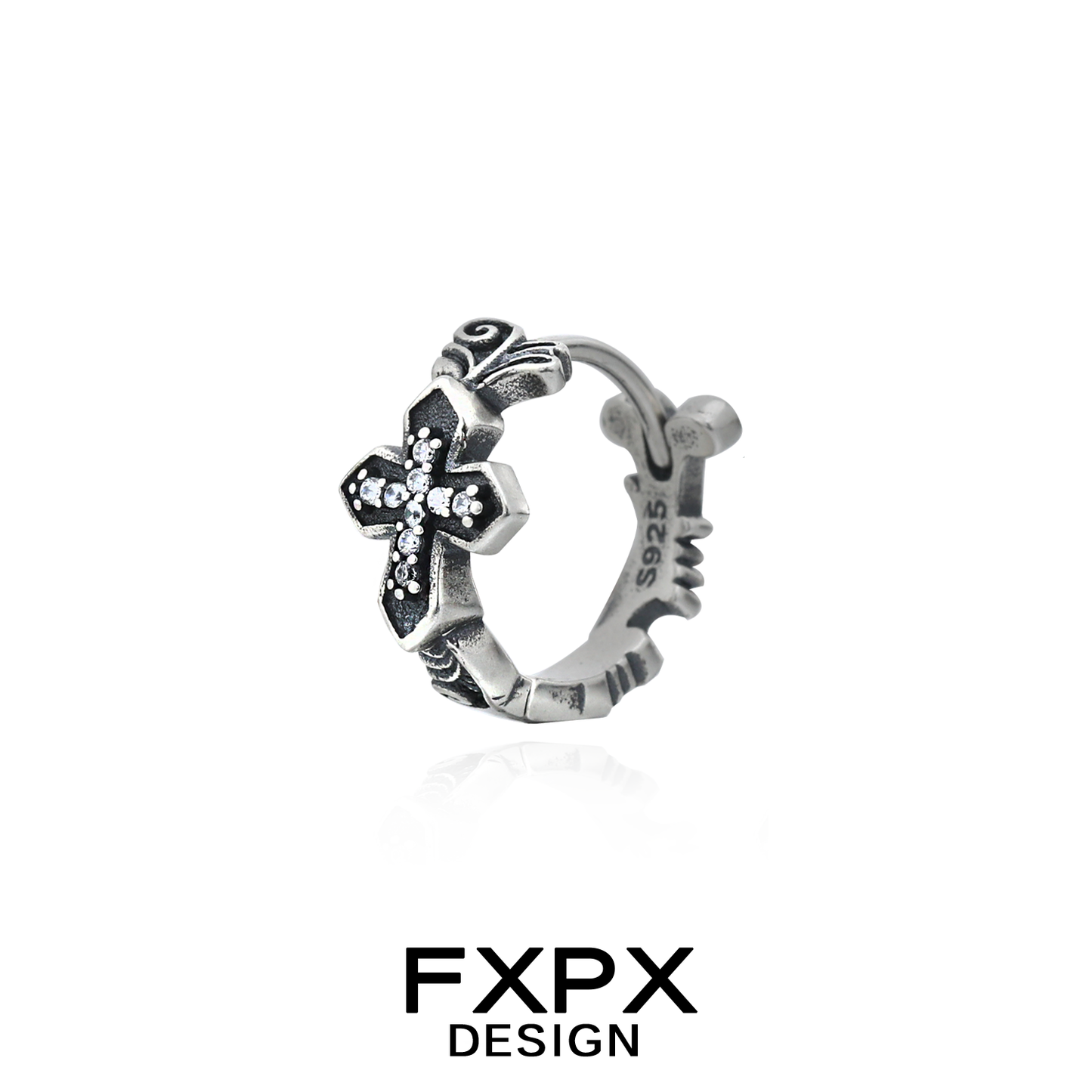 FXPX gothic cross earrings in silver with intricate detailing and sparkling accents