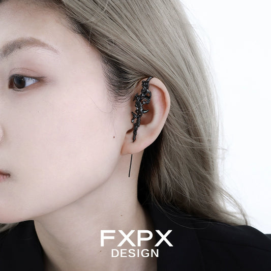 FXPX gothic ear needle jewelry featuring intricate black design for a stylish look