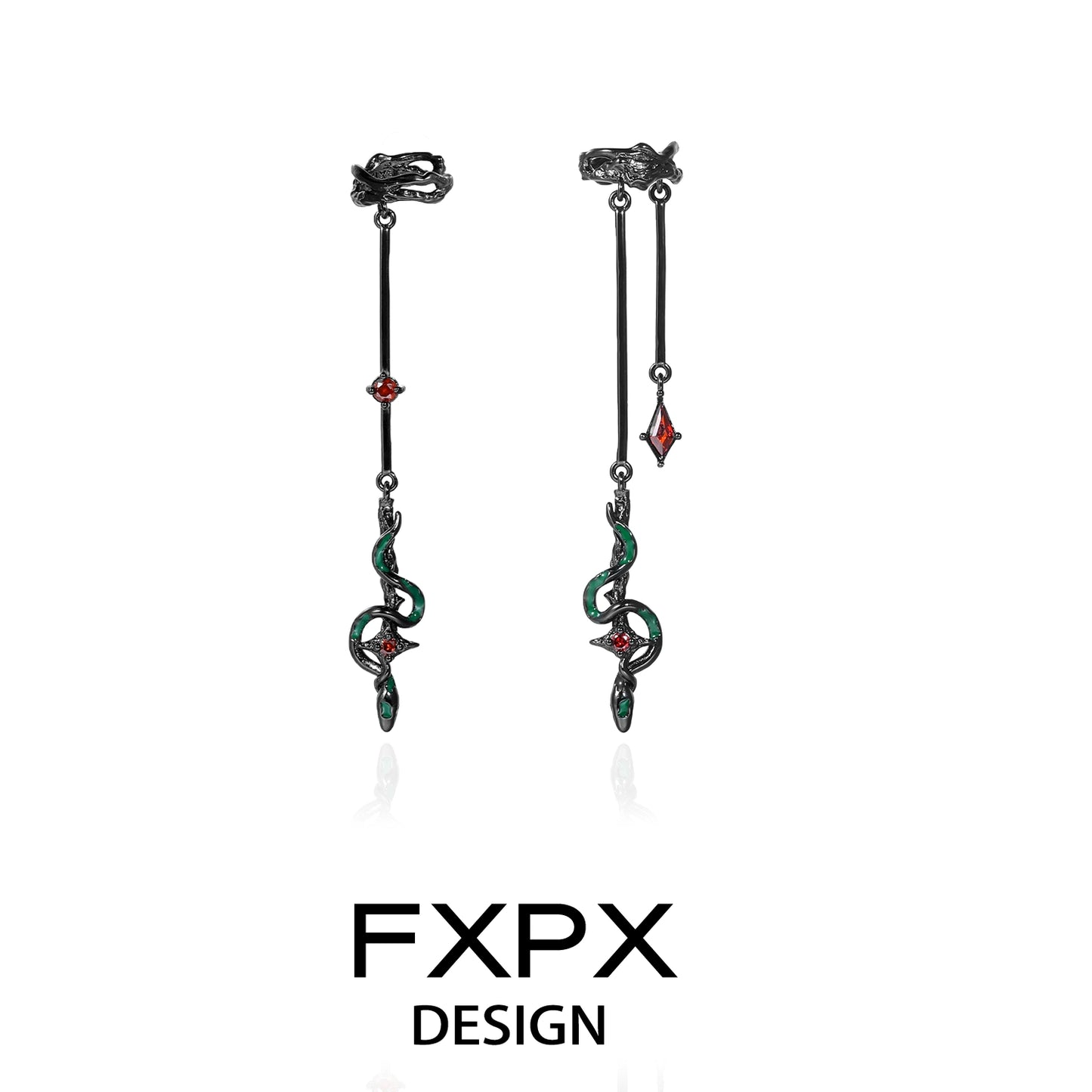 FXPX gothic snake ear cuff featuring intricate snake design with red and green accents