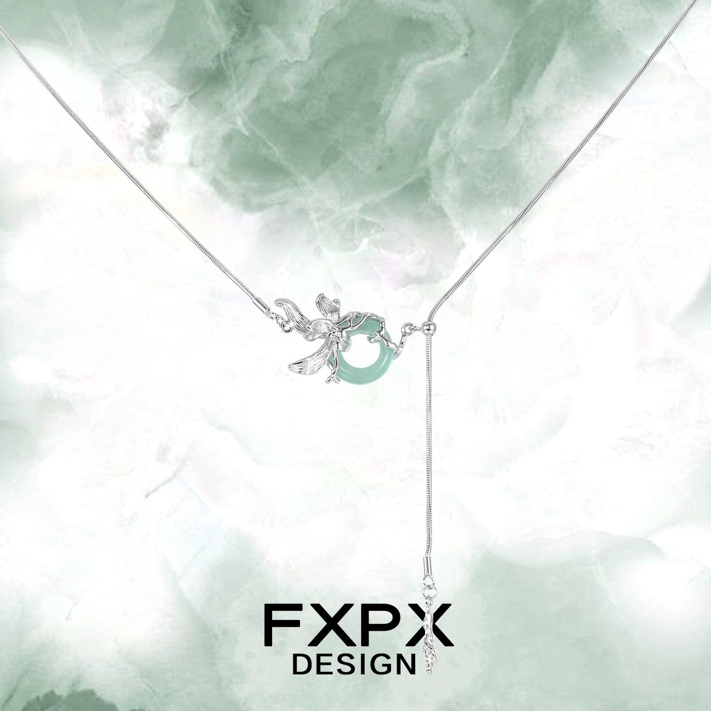 FXPX Iris safety buckle necklace featuring a delicate design with silver accents and a mint green center