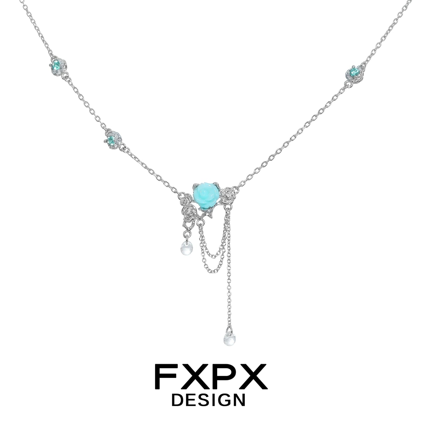 Elegant light blue rose pendant necklace by FXPX with delicate silver chain and accent stones