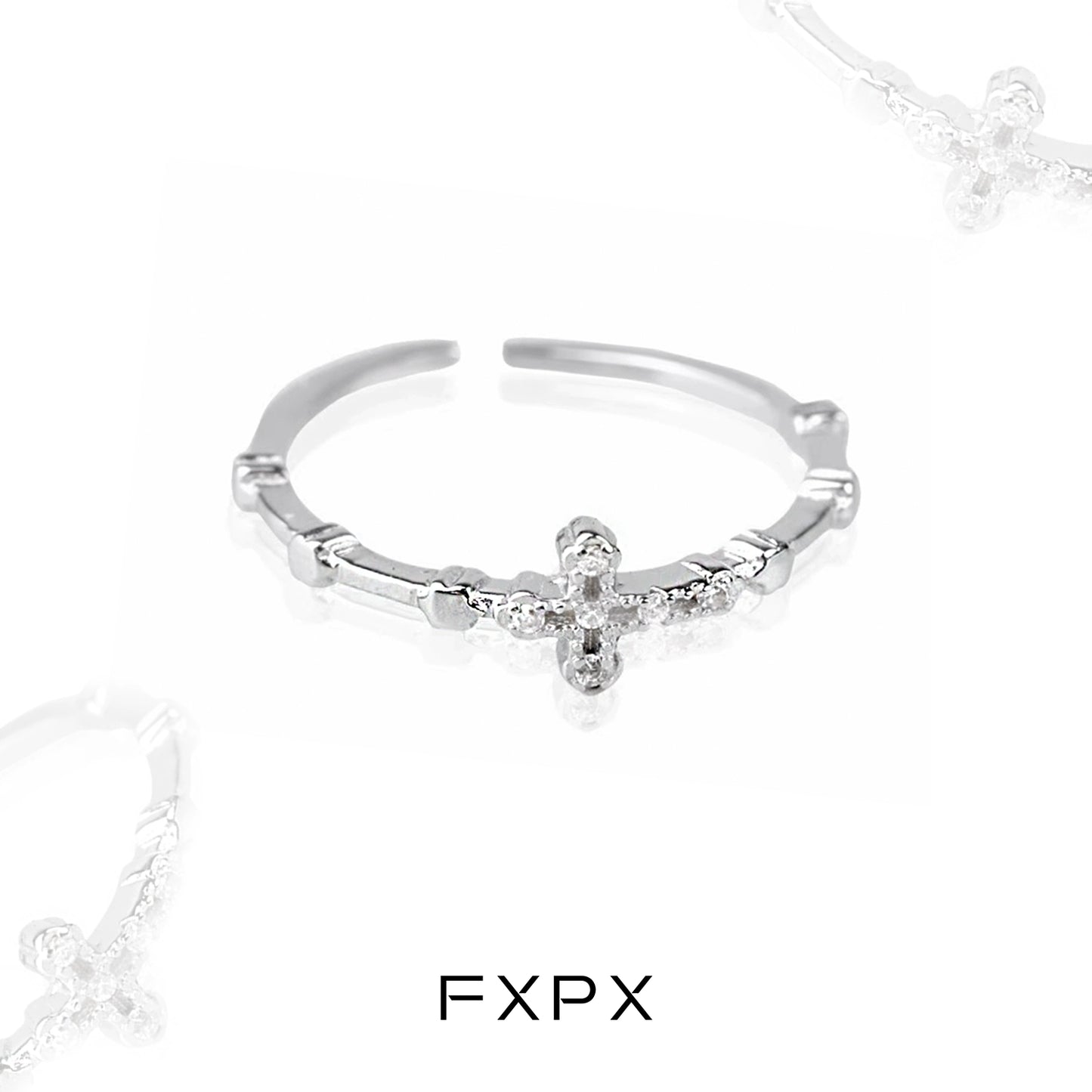 Elegant minimalist cross silver ring from FXPX with a delicate design and sparkling accents