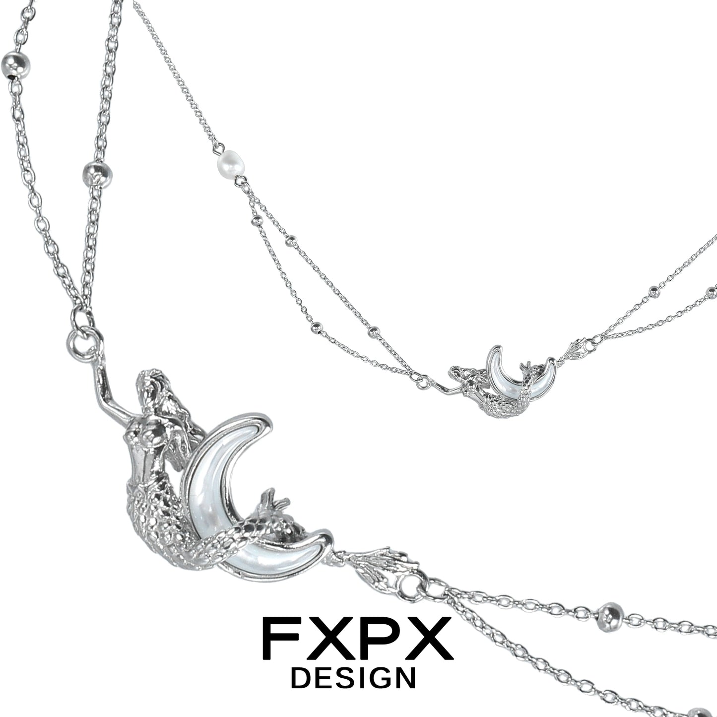 FXPX moon shell necklace featuring a silver design with intricate details and a unique crescent shape