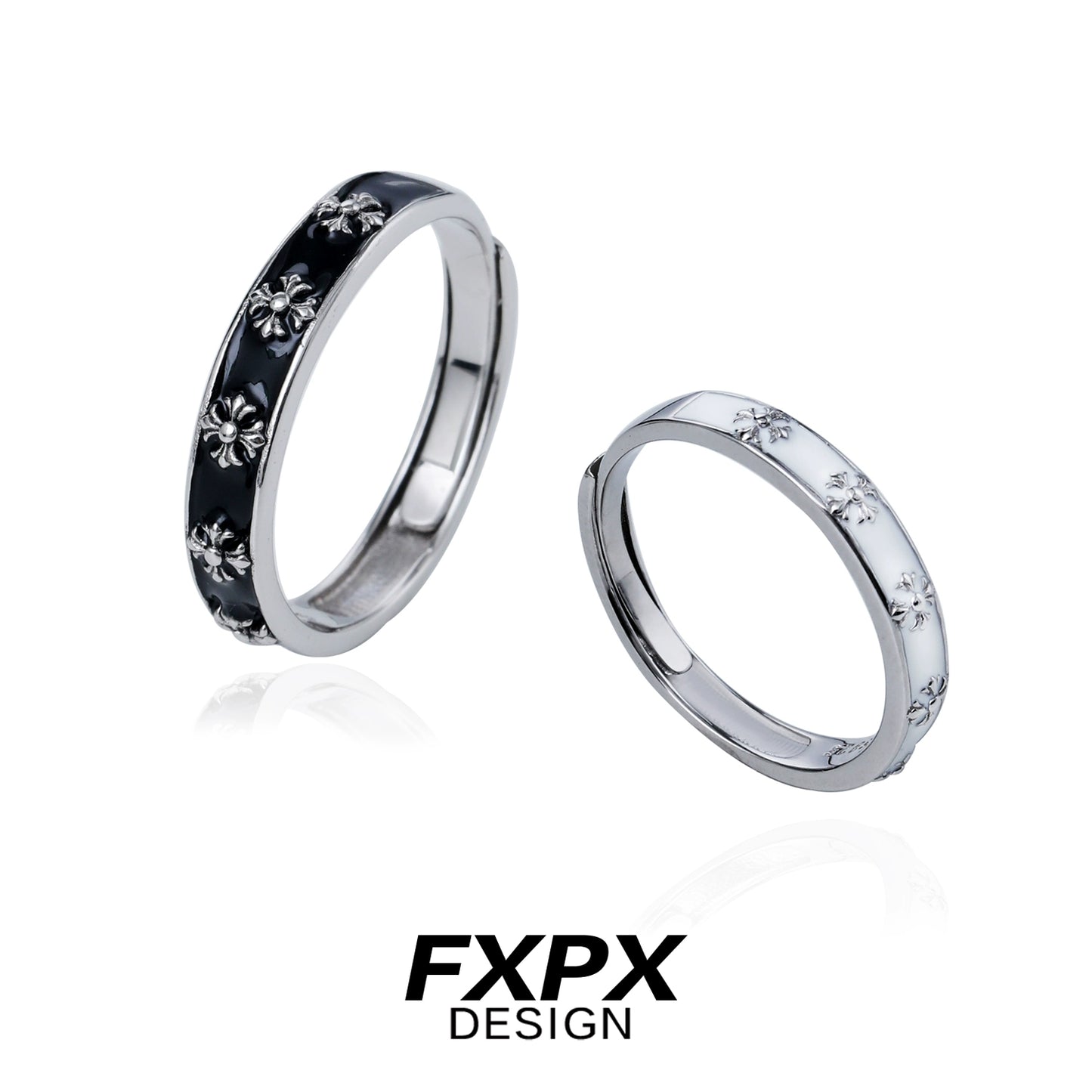 FXPX mystery couple rings in silver and black with elegant floral designs