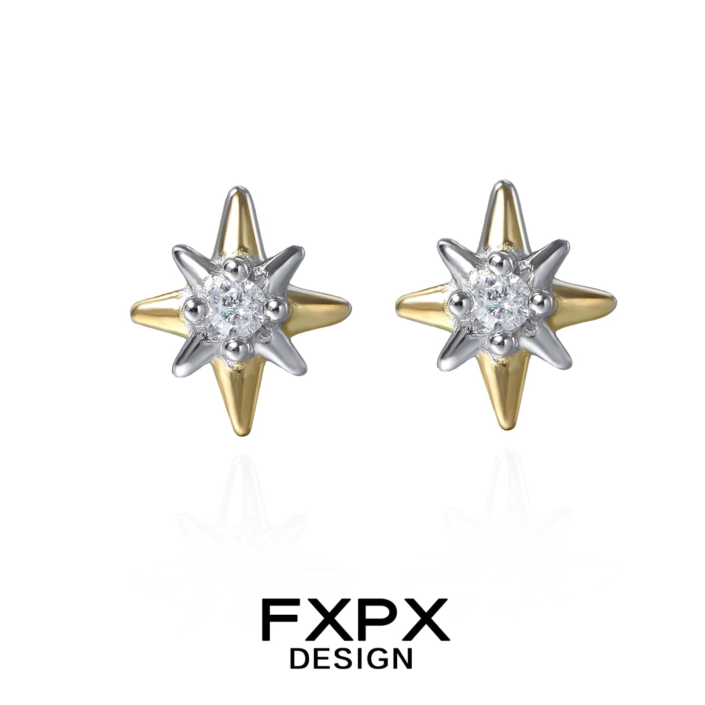 FXPX Mystic Gold Star Earrings with Silver Accents and Sparkling Gem Details