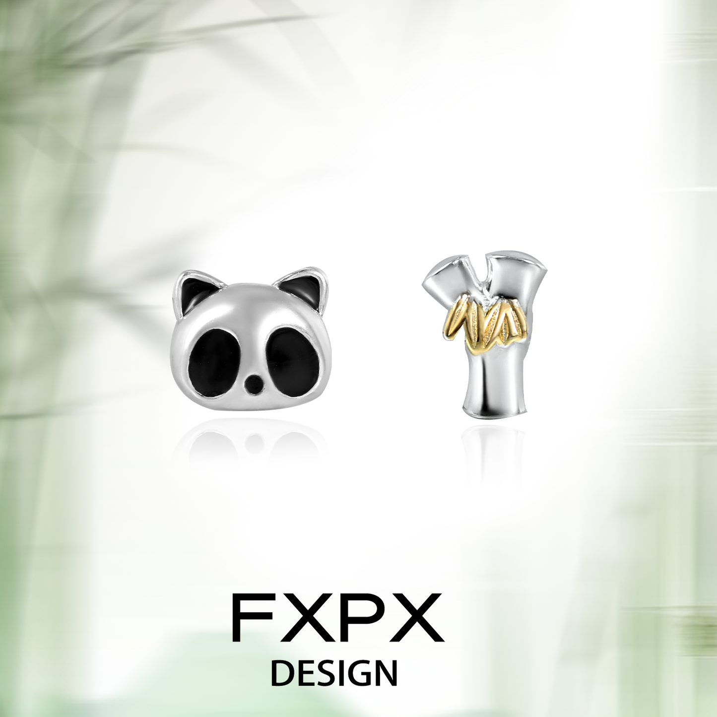 FXPX panda bamboo silver stud earrings featuring a cute panda and bamboo design
