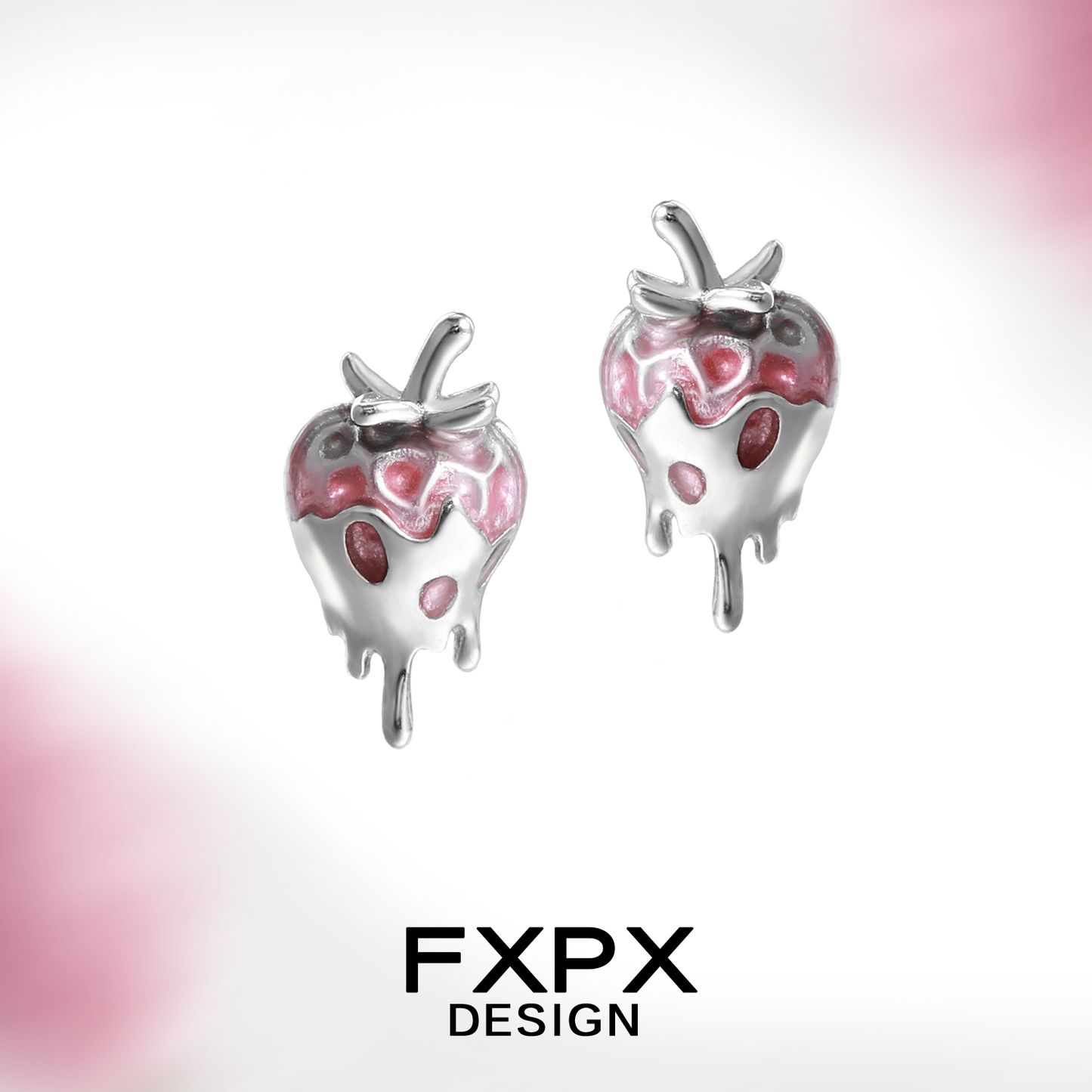 FXPX pink strawberry stud earrings with shiny silver and enamel details for a playful look