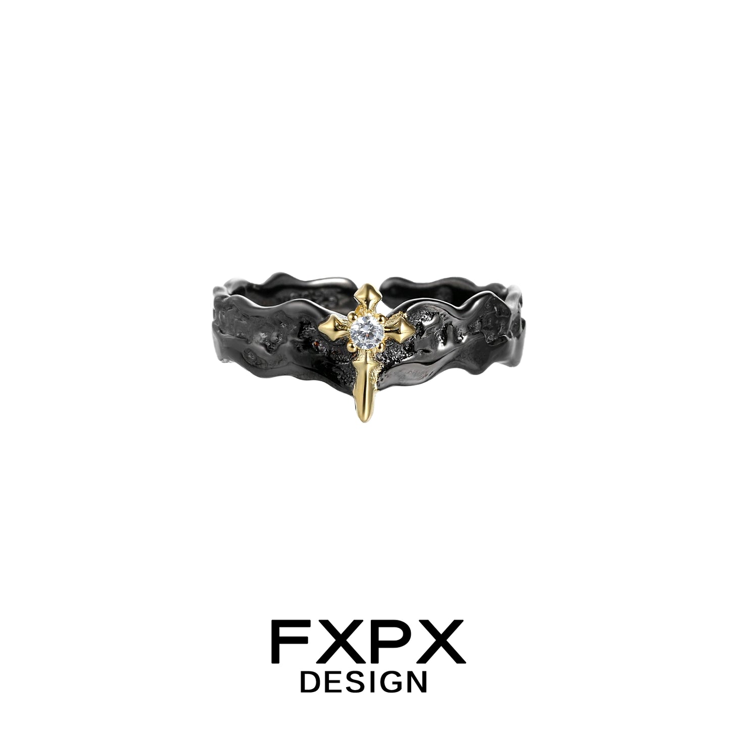 FXPX princess knight couple rings with a gold cross and black textured band design