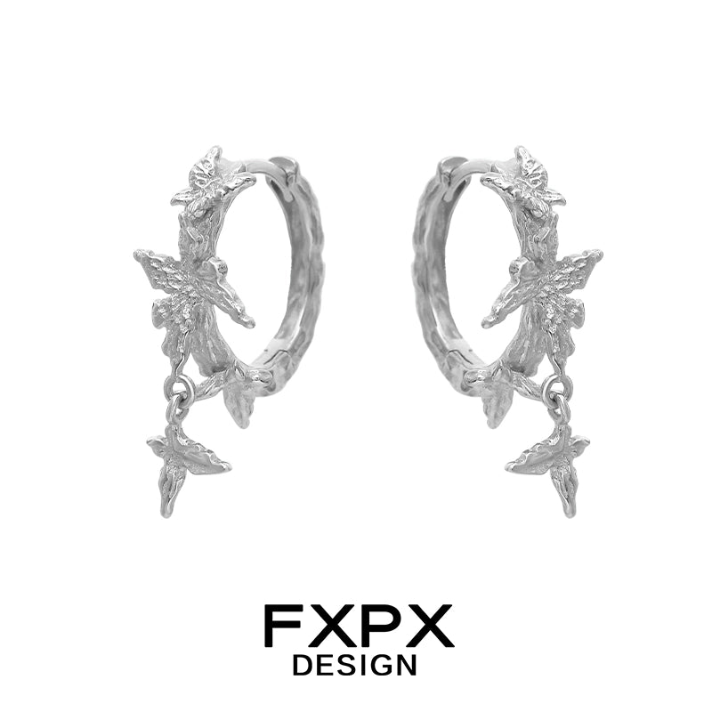 FXPX punk butterfly earrings with intricate silver design and delicate dangling butterflies