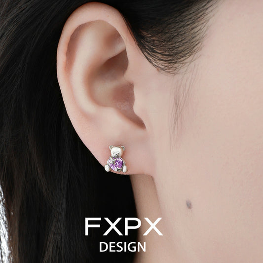 Purple bear stud earrings from FXPX designed with sparkling gemstones for a cute look