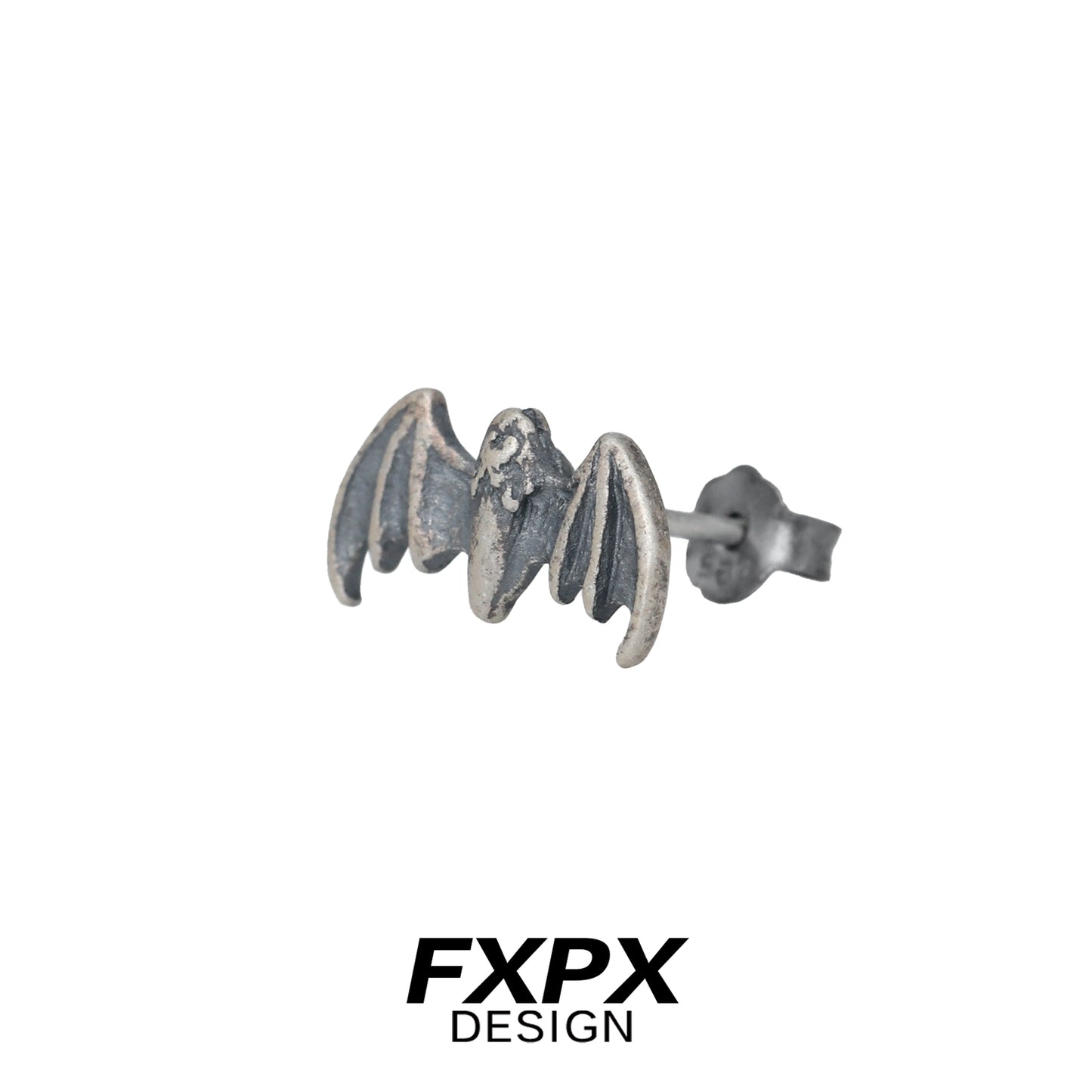 FXPX retro bat stud earrings in antique silver finish, perfect for a unique Halloween look