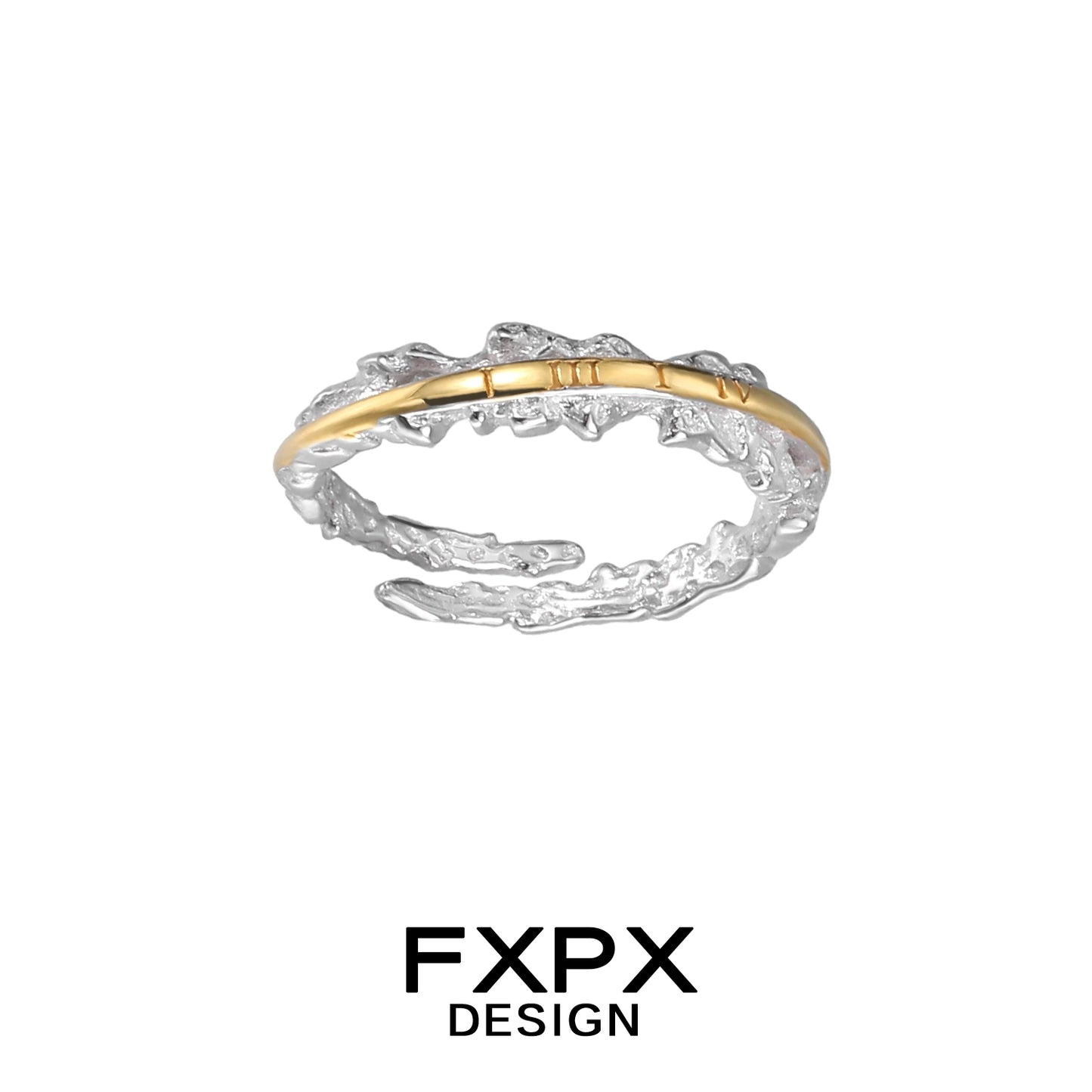 Elegant FXPX roman numeral couple rings featuring a unique twisted design with gold and silver tones.
