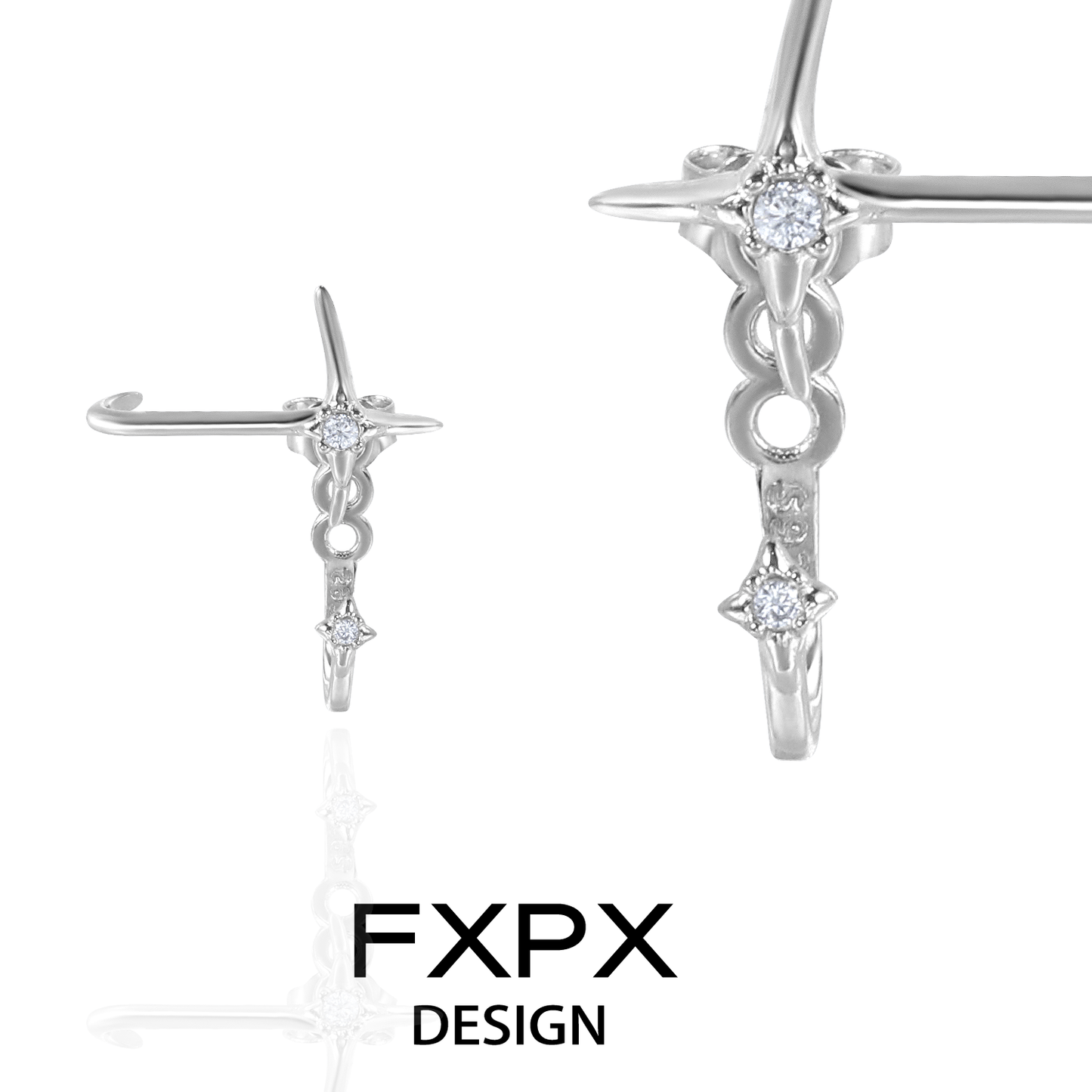 FXPX Silver Star Track Earrings with Elegant Design and Sparkling Accents