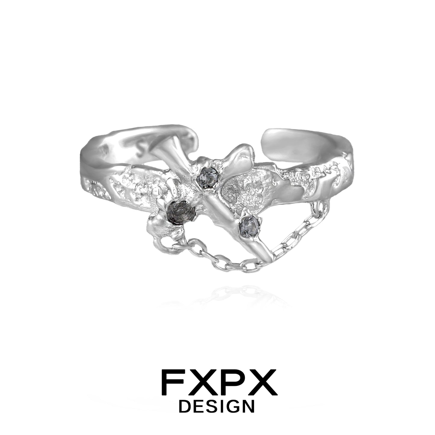FXPX sword cross ring featuring intricate design with gemstones and a chain detail