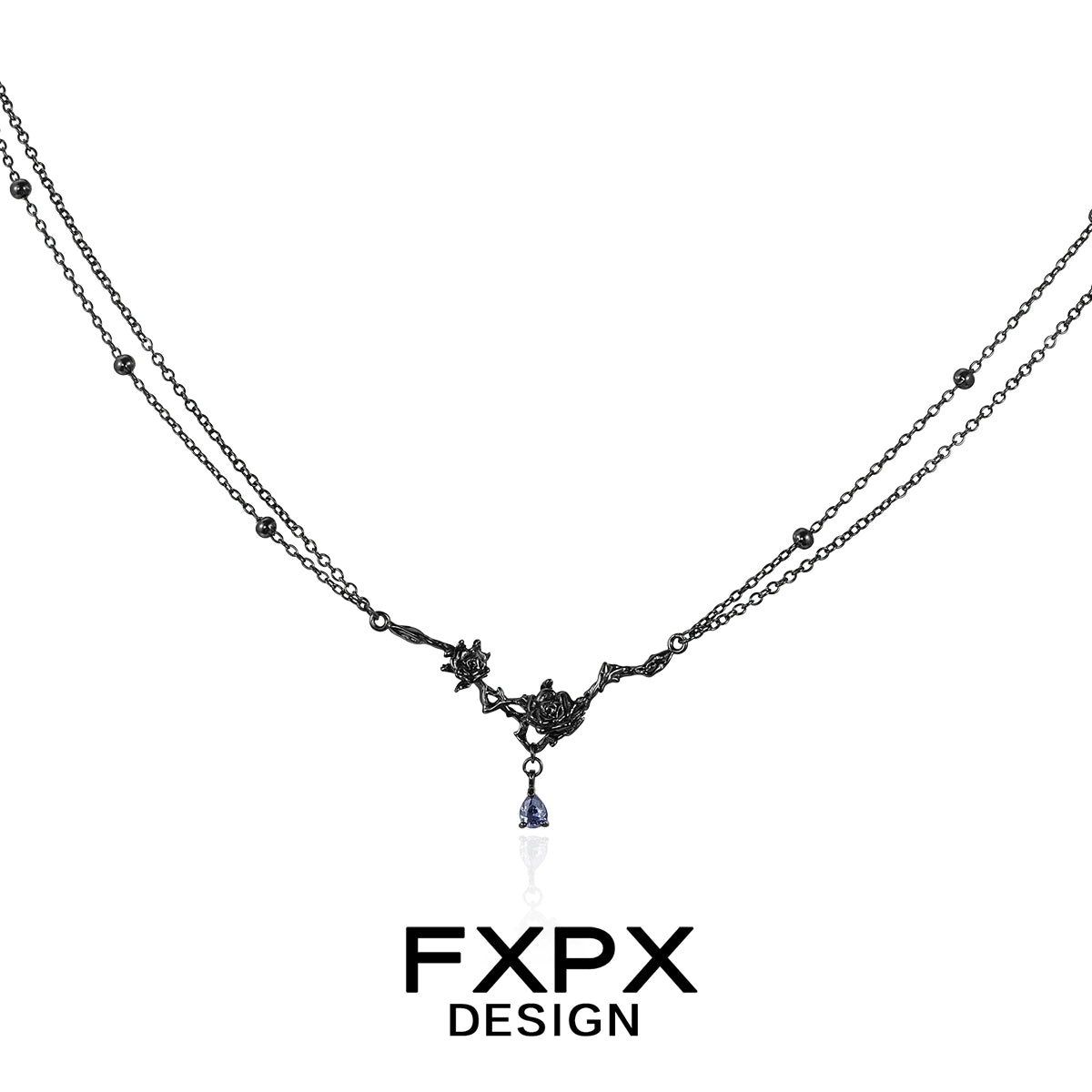 FXPX Tanzanian blue black rose necklace featuring intricate design and elegant black chain