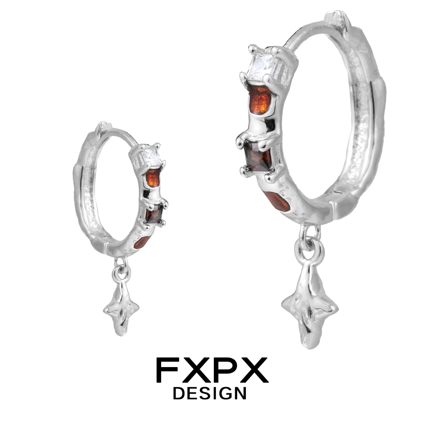 FXPX Vintage Checker Earrings with Silver Hoops and Charms for Elegant Style