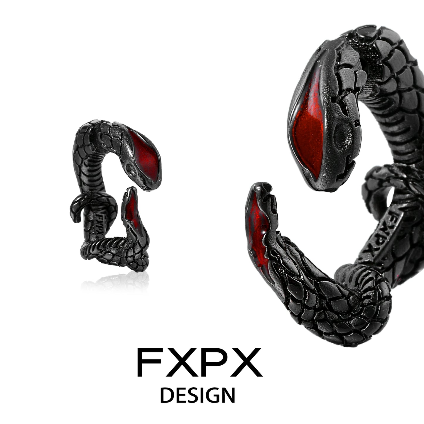 FXPX Viper Wrap Earrings in Black and Red Featuring Intricate Snake Design